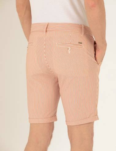 Turuncu Slim Fit Beli Lastikli Çizgili Bağcıklı Bermuda Şort