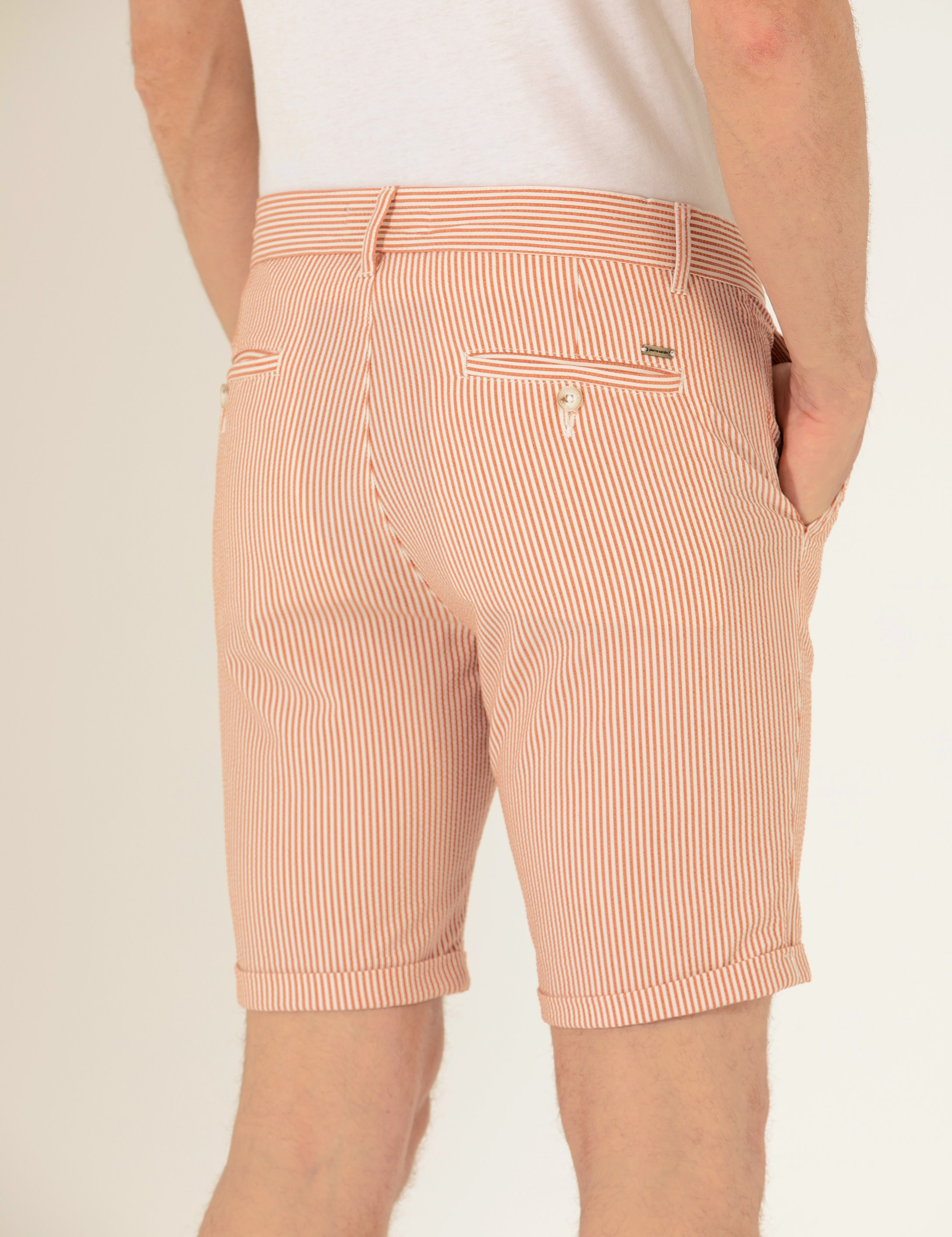 Turuncu Slim Fit Beli Lastikli Çizgili Bağcıklı Bermuda Şort - Image 3
