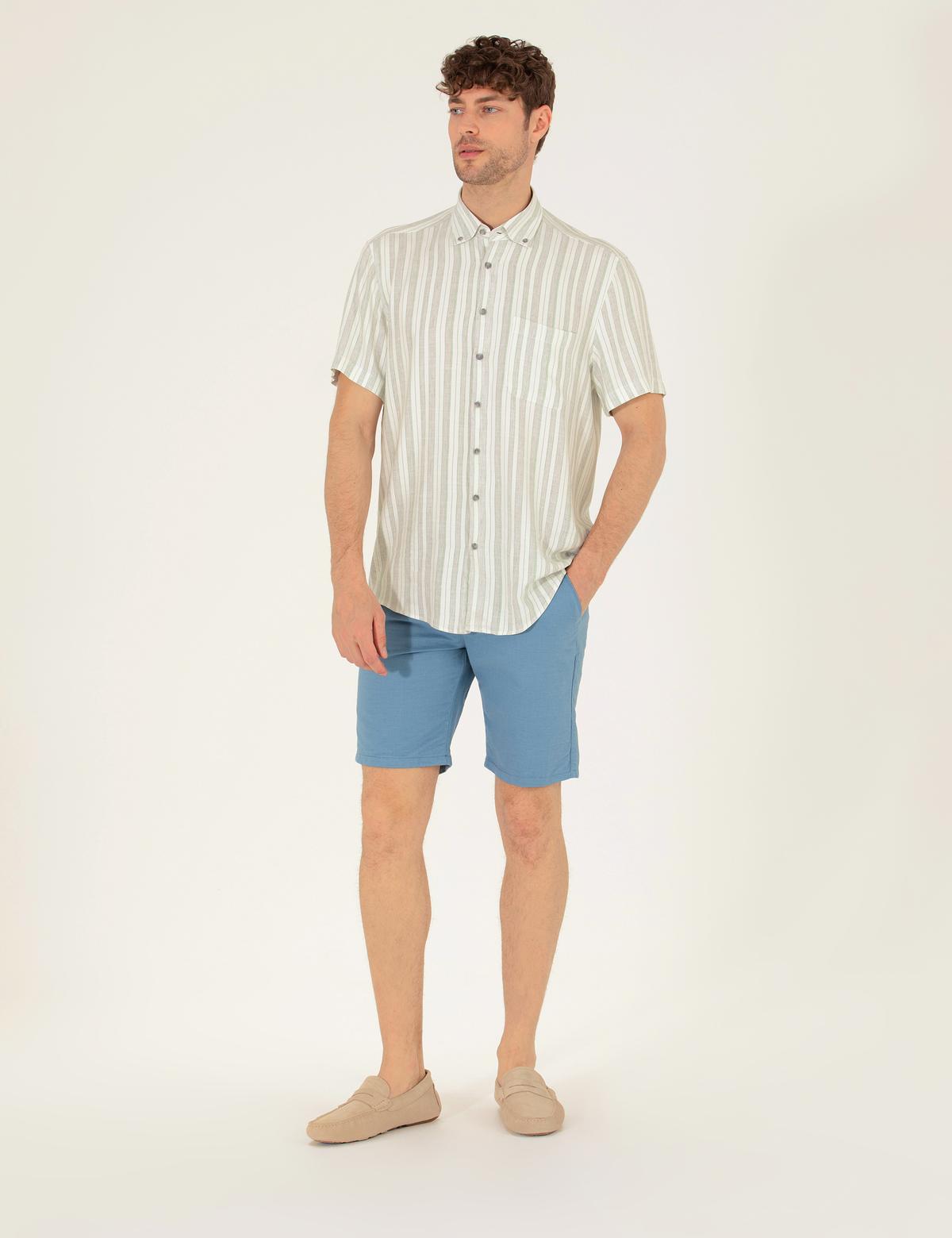 Koyu Mavi Slim Fit Keten Karışımlı Beli Lastikli Bermuda Şort - 50264863052