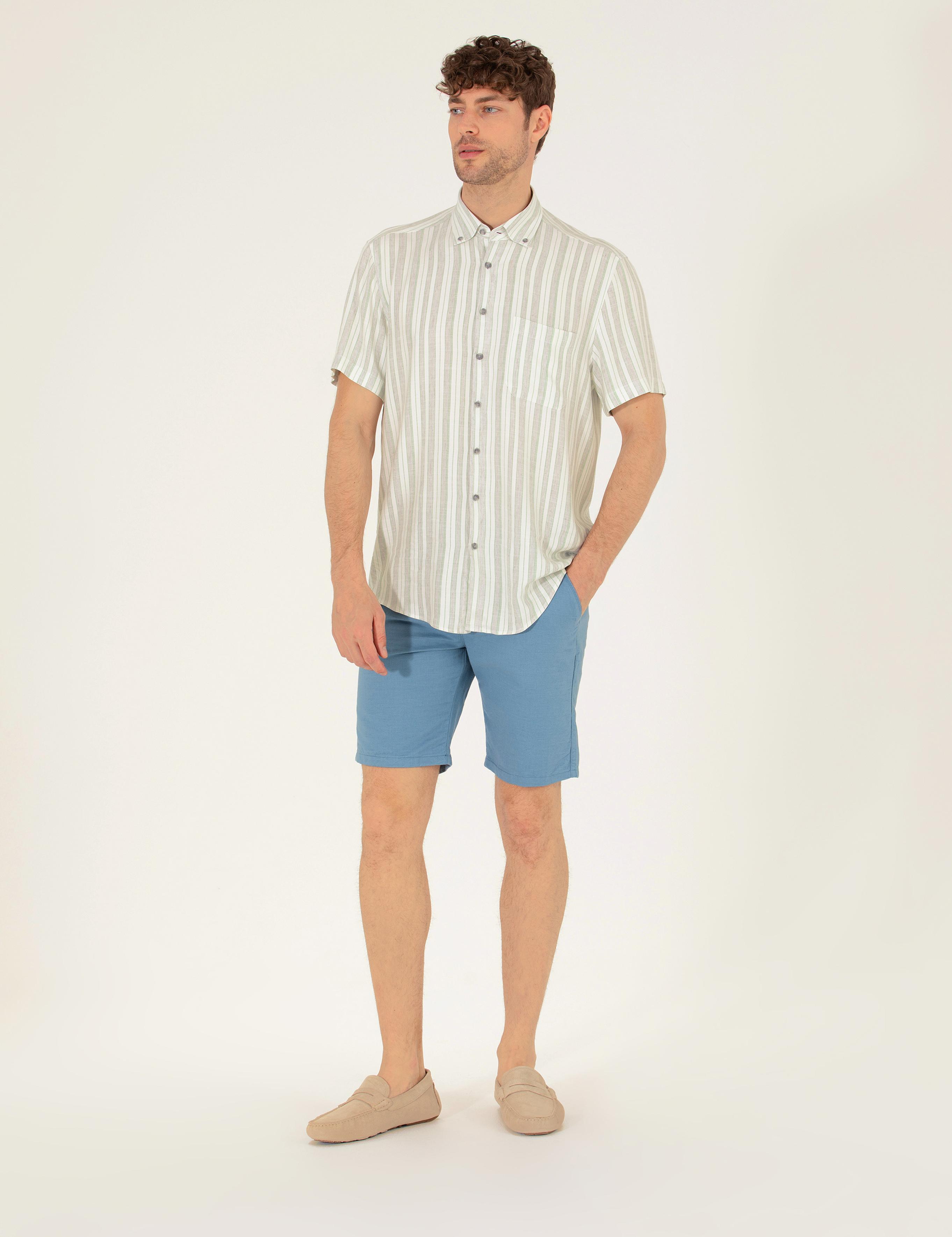 Koyu Mavi Slim Fit Keten Karışımlı Beli Lastikli Bermuda Şort