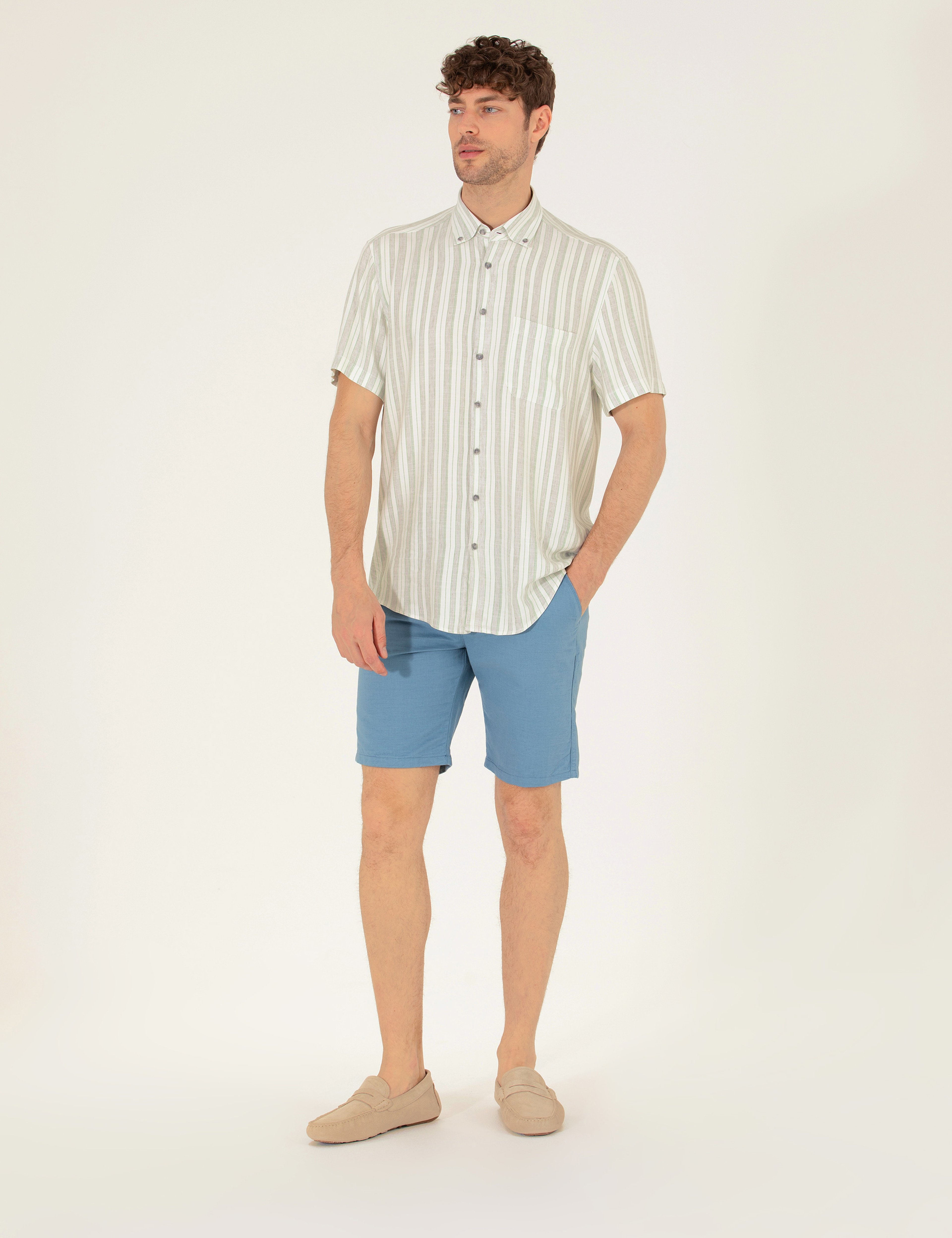 Koyu Mavi Slim Fit Keten Karışımlı Beli Lastikli Bermuda Şort - Image 3