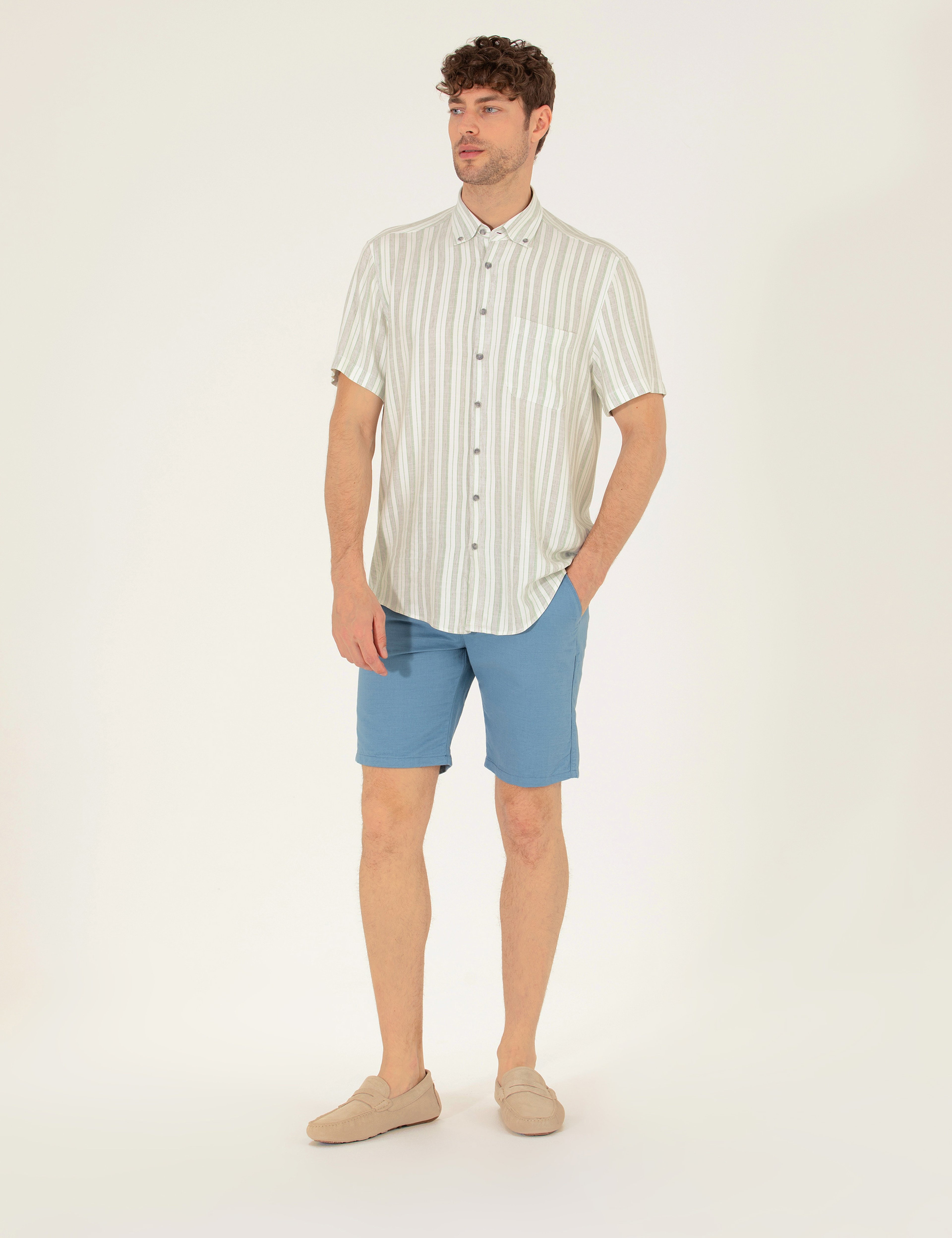 Koyu Mavi Slim Fit Keten Karışımlı Beli Lastikli Bermuda Şort