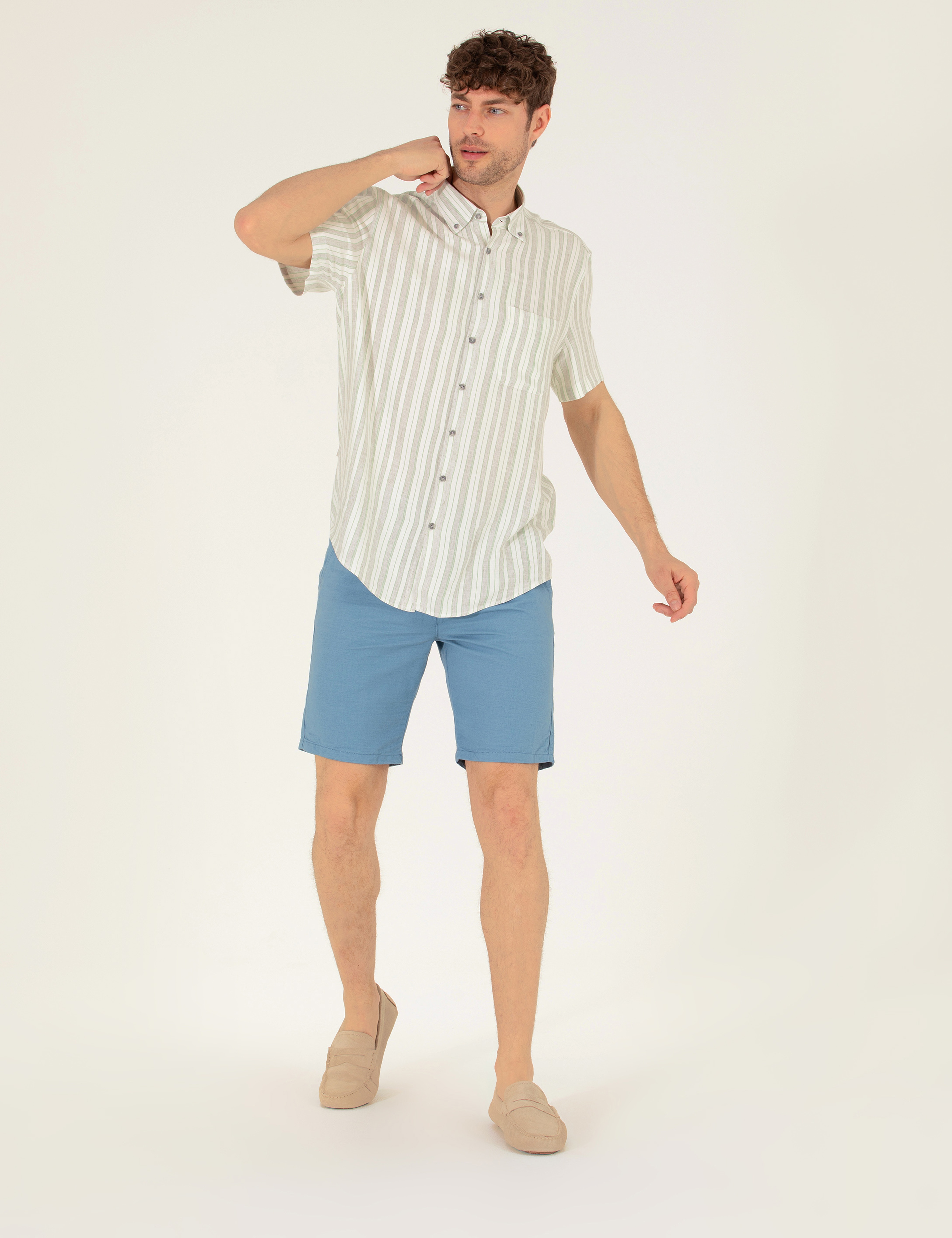Koyu Mavi Slim Fit Keten Karışımlı Beli Lastikli Bermuda Şort - Image 1
