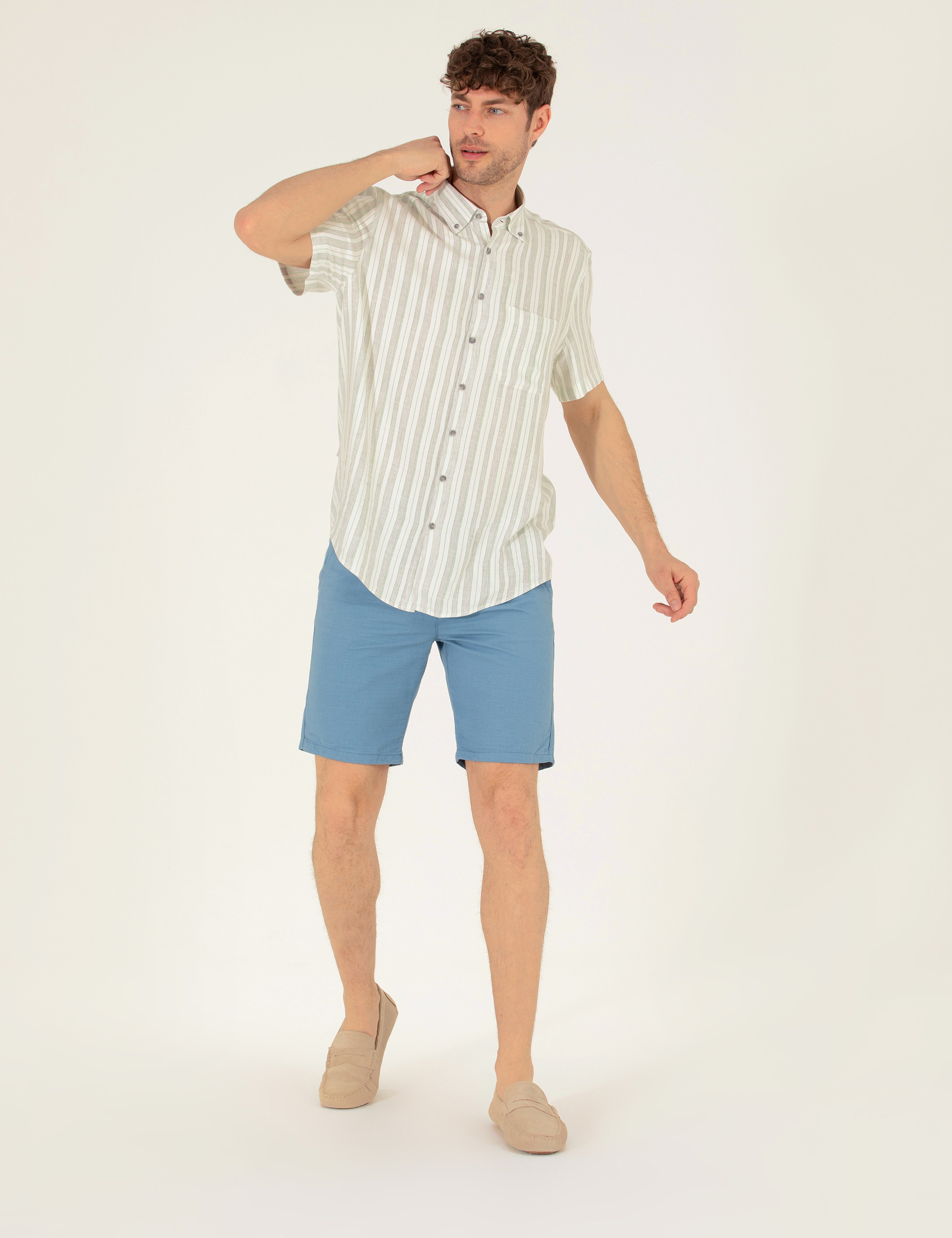 Koyu Mavi Slim Fit Keten Karışımlı Beli Lastikli Bermuda Şort