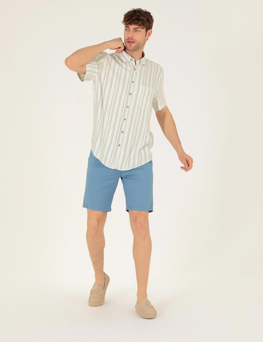 Koyu Mavi Slim Fit Keten Karışımlı Beli Lastikli Bermuda Şort