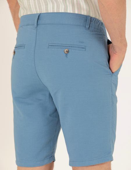 Koyu Mavi Slim Fit Keten Karışımlı Beli Lastikli Bermuda Şort - 50264863052