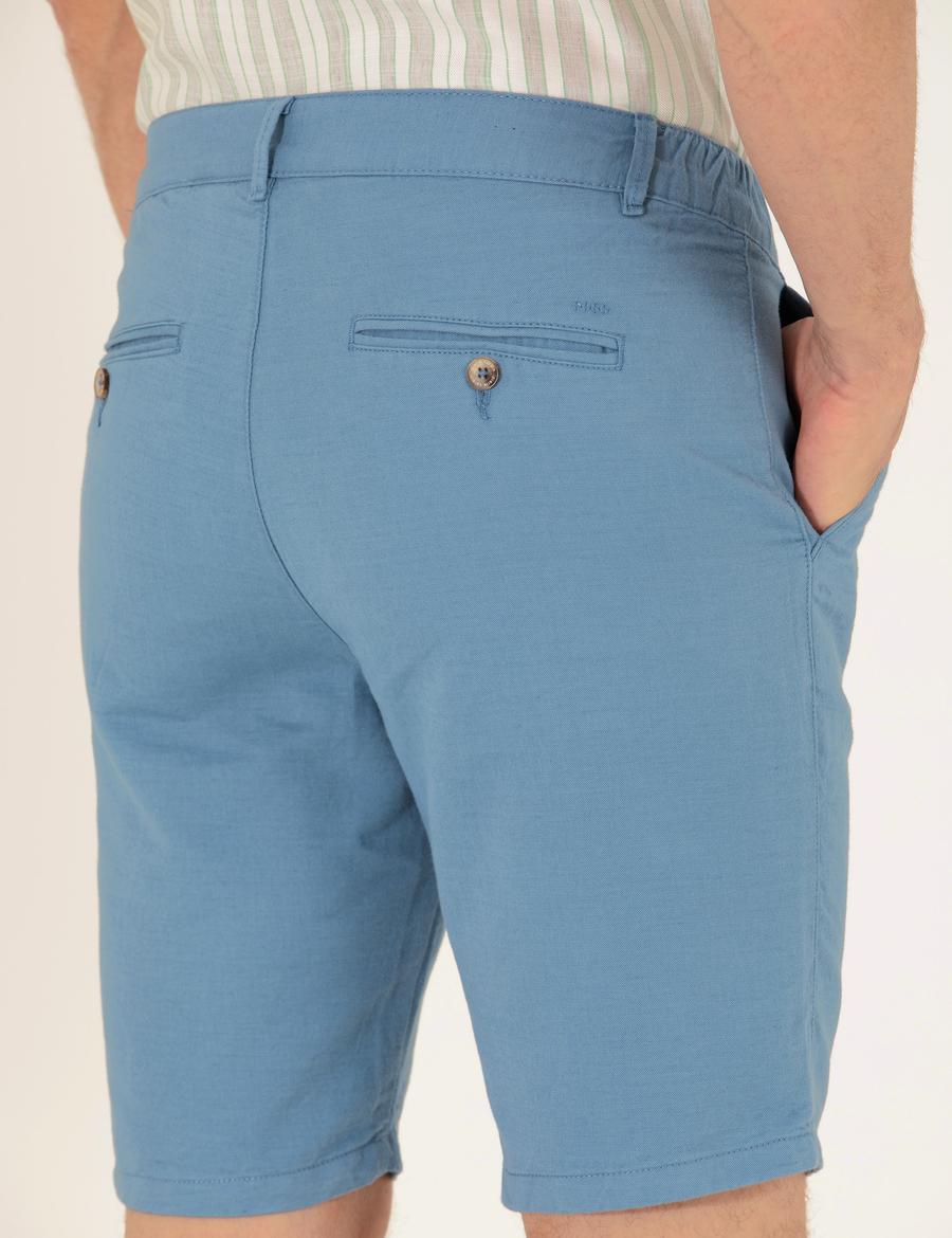 Koyu Mavi Slim Fit Keten Karışımlı Beli Lastikli Bermuda Şort