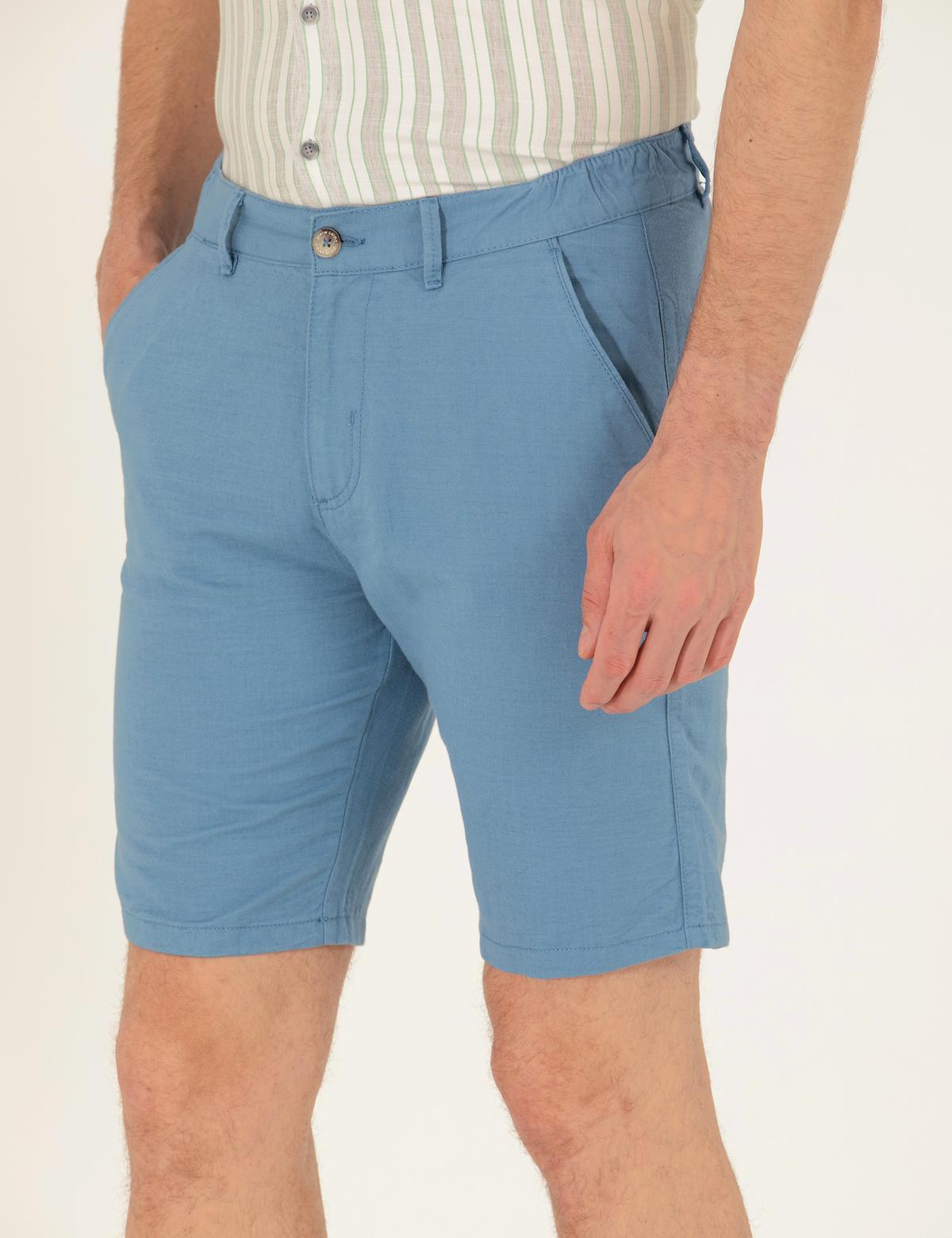 Koyu Mavi Slim Fit Keten Karışımlı Beli Lastikli Bermuda Şort - 50264863052