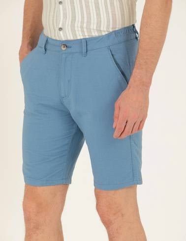 Koyu Mavi Slim Fit Keten Karışımlı Beli Lastikli Bermuda Şort