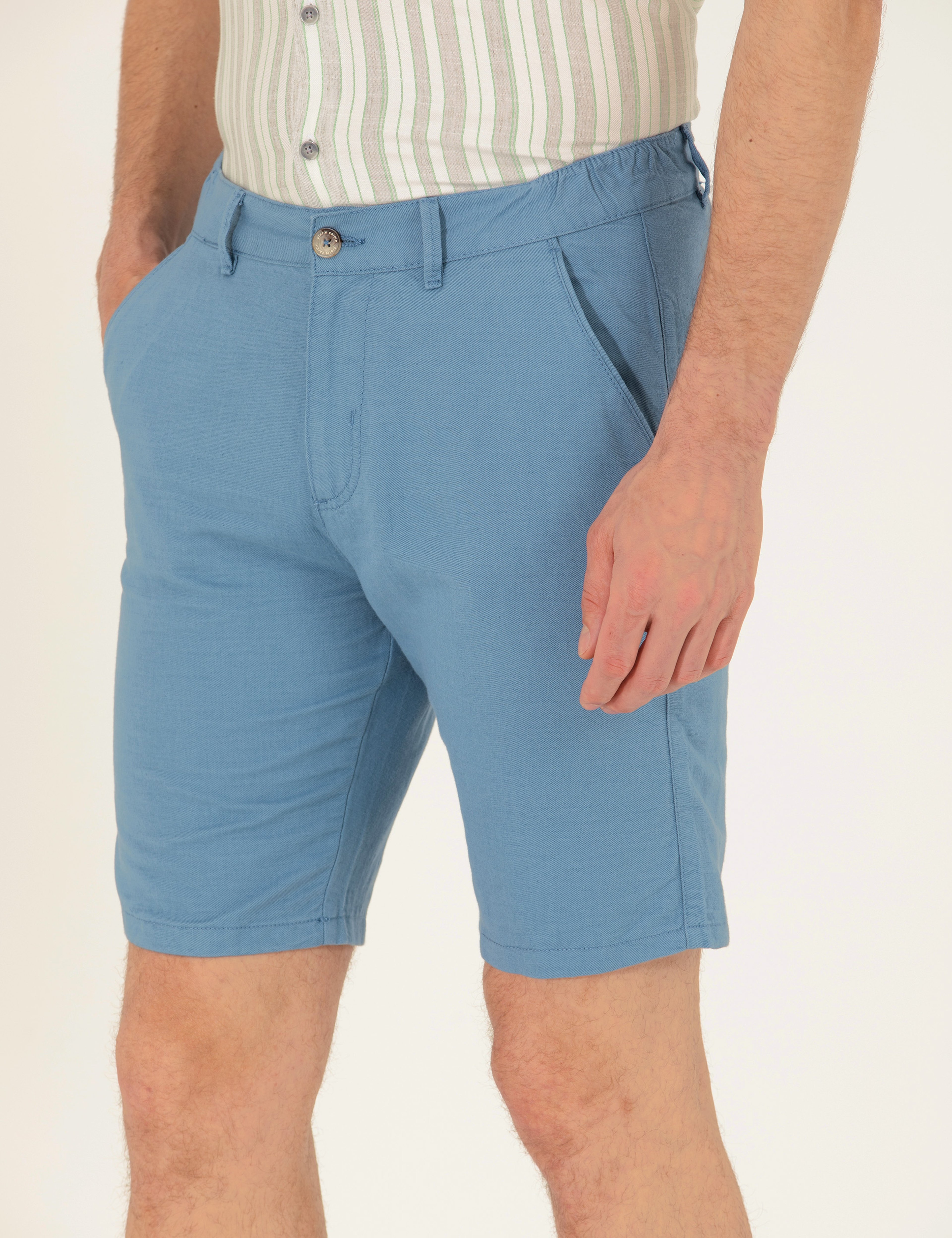 Koyu Mavi Slim Fit Keten Karışımlı Beli Lastikli Bermuda Şort - Image 5