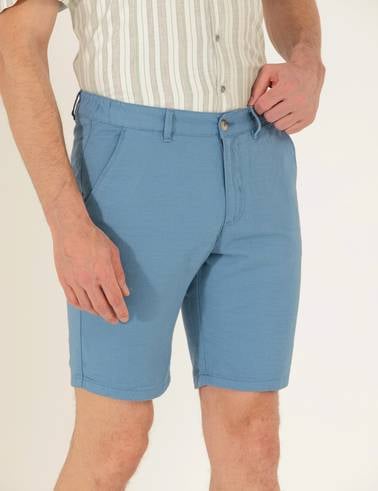 Koyu Mavi Slim Fit Keten Karışımlı Beli Lastikli Bermuda Şort