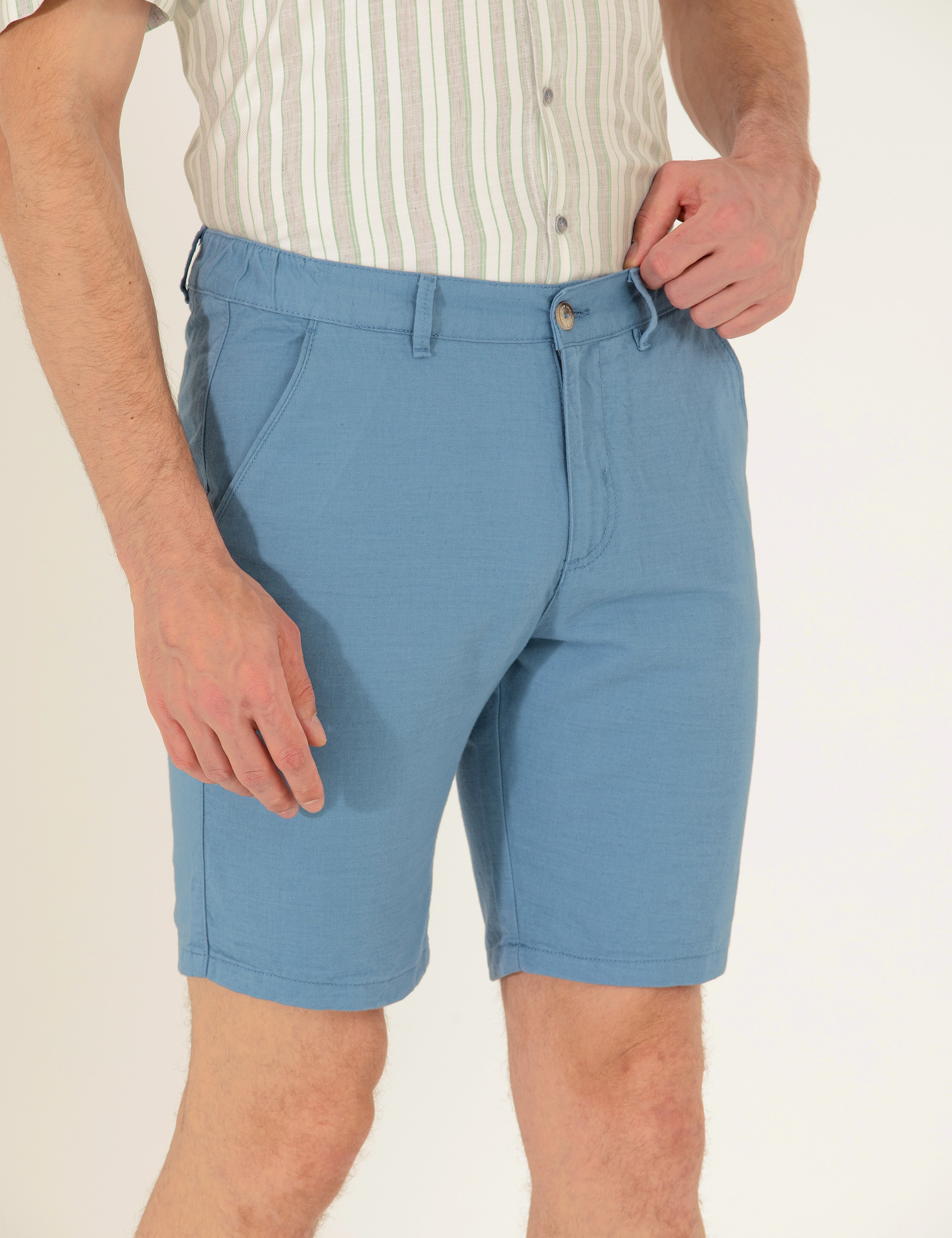 Koyu Mavi Slim Fit Keten Karışımlı Beli Lastikli Bermuda Şort - Image 6