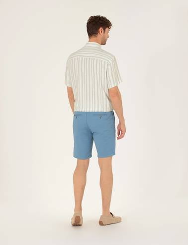 Koyu Mavi Slim Fit Keten Karışımlı Beli Lastikli Bermuda Şort