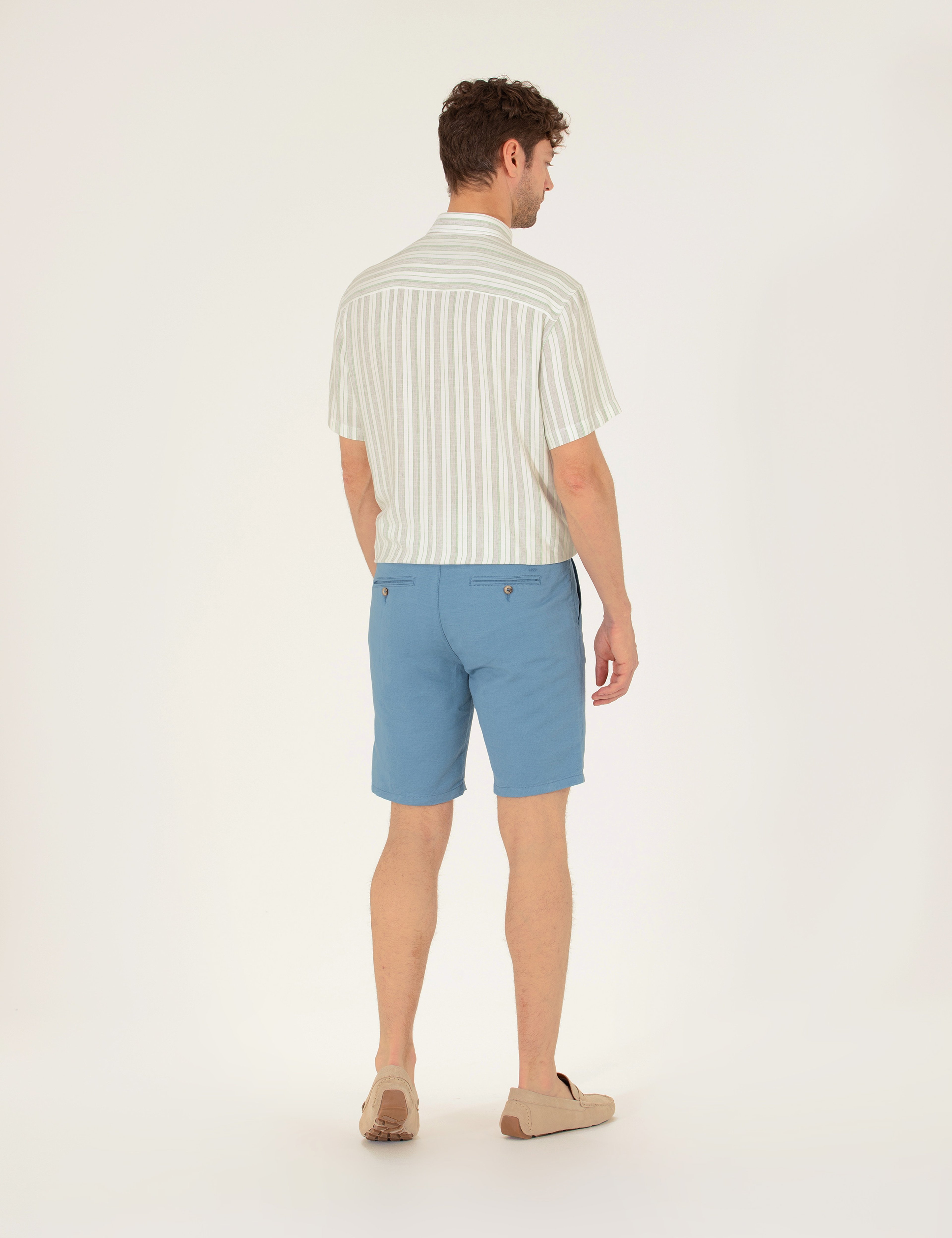 Koyu Mavi Slim Fit Keten Karışımlı Beli Lastikli Bermuda Şort