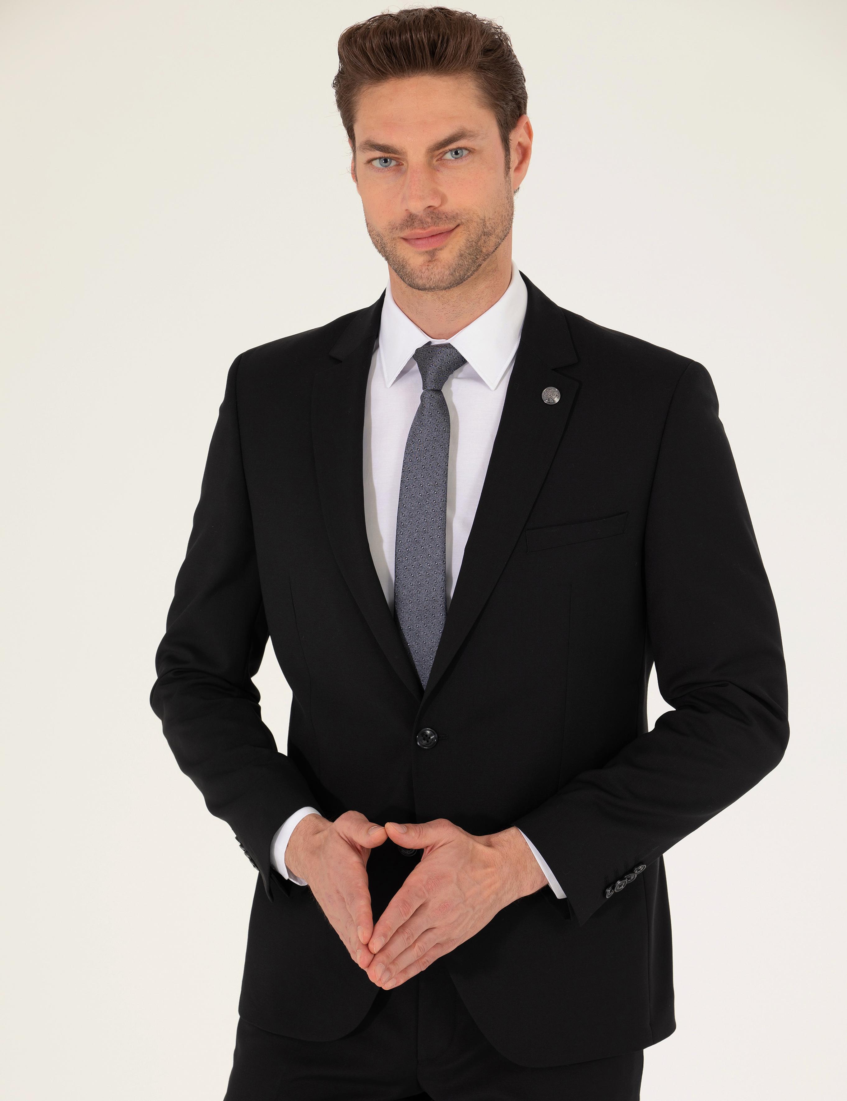 Siyah Ekstra Slim Fit Yün Takım Elbise