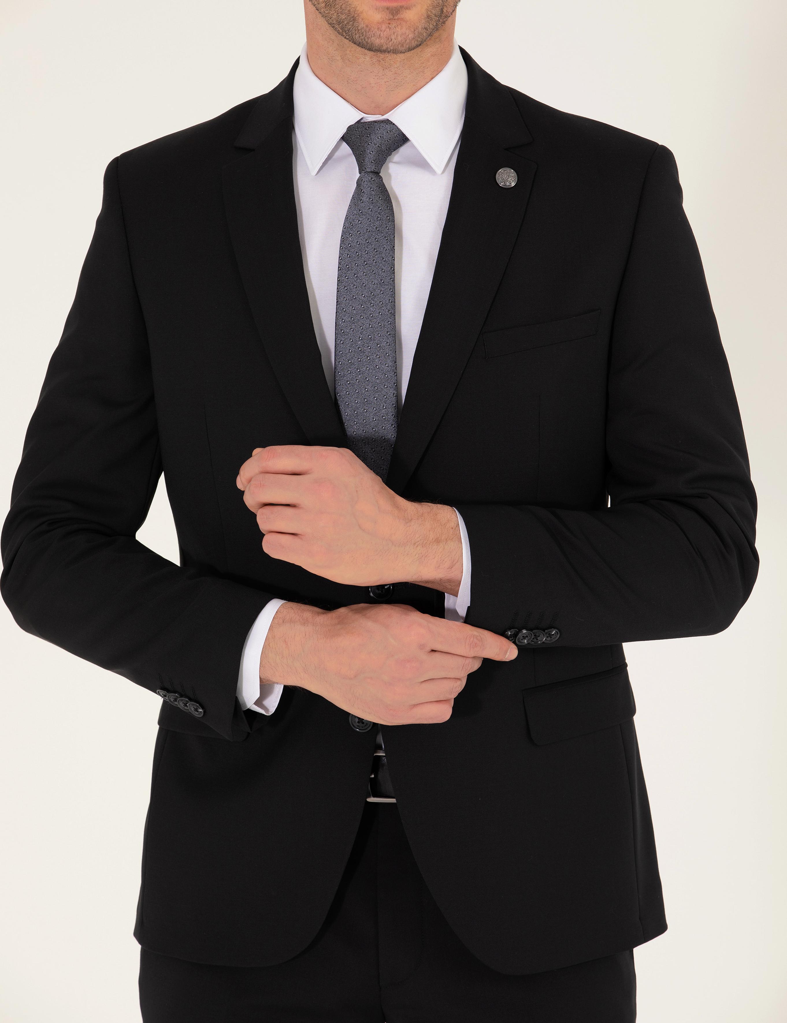 Siyah Ekstra Slim Fit Yün Takım Elbise