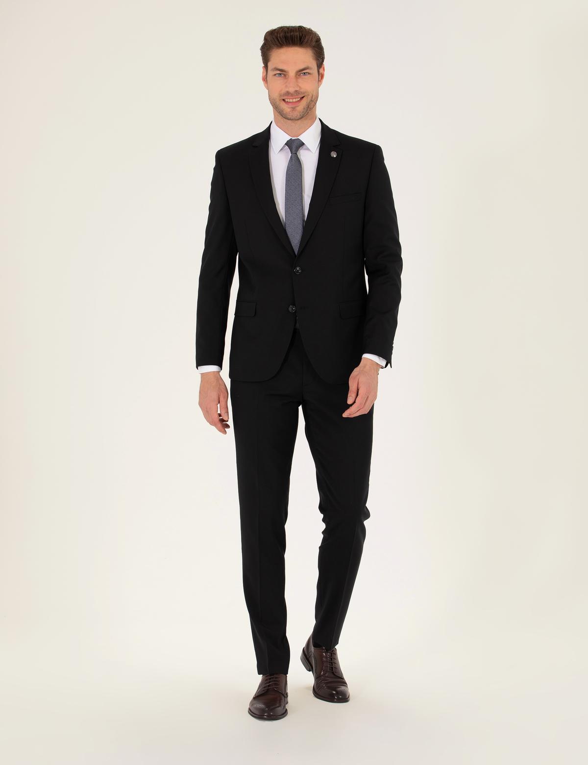 Siyah Ekstra Slim Fit Yün Takım Elbise