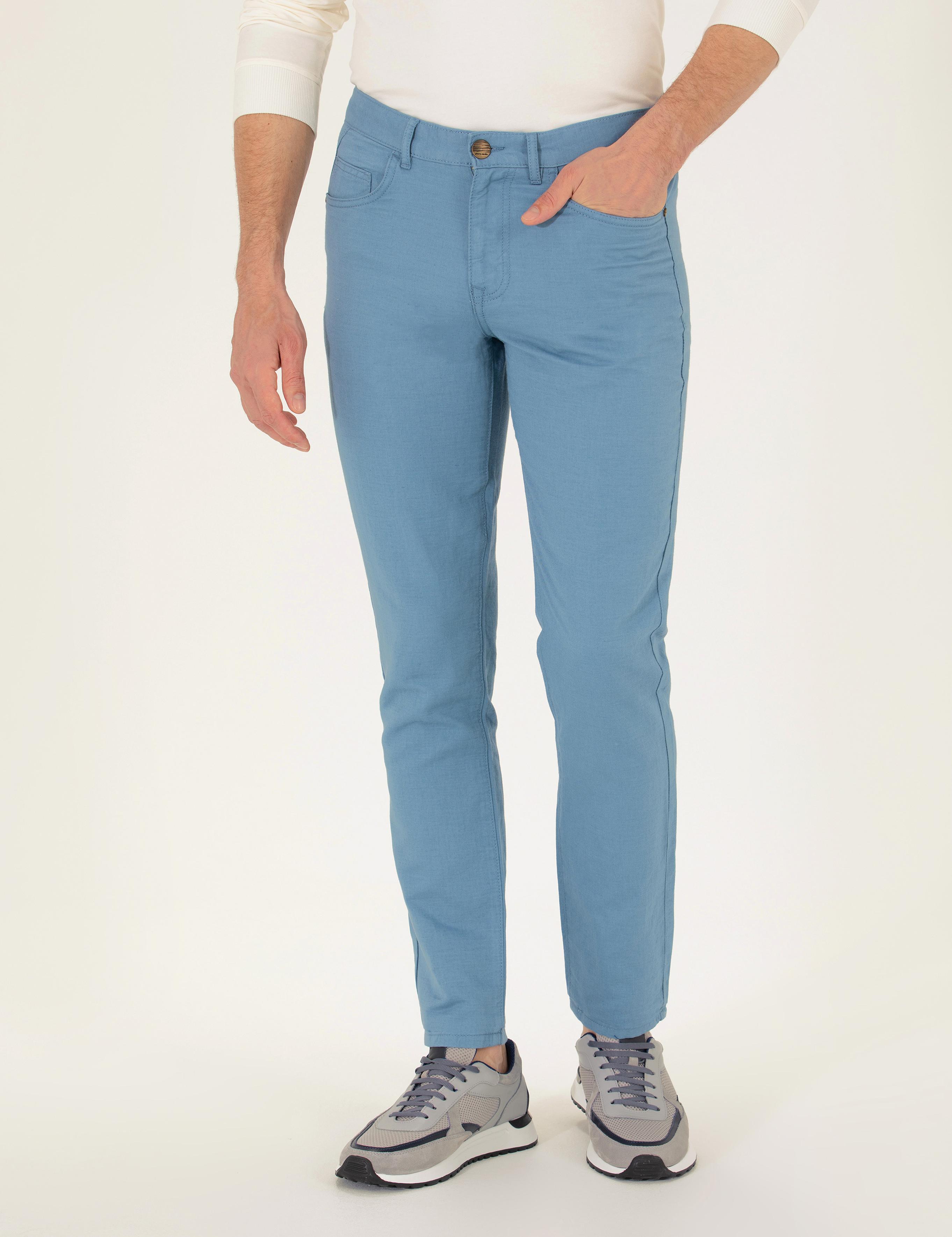 Koyu Mavi Slim Fit Keten Karışımlı Kanvas Pantolon