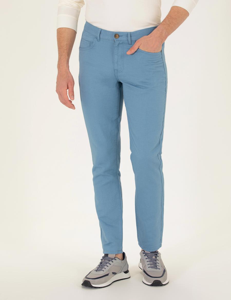 Koyu Mavi Slim Fit Keten Karışımlı Kanvas Pantolon