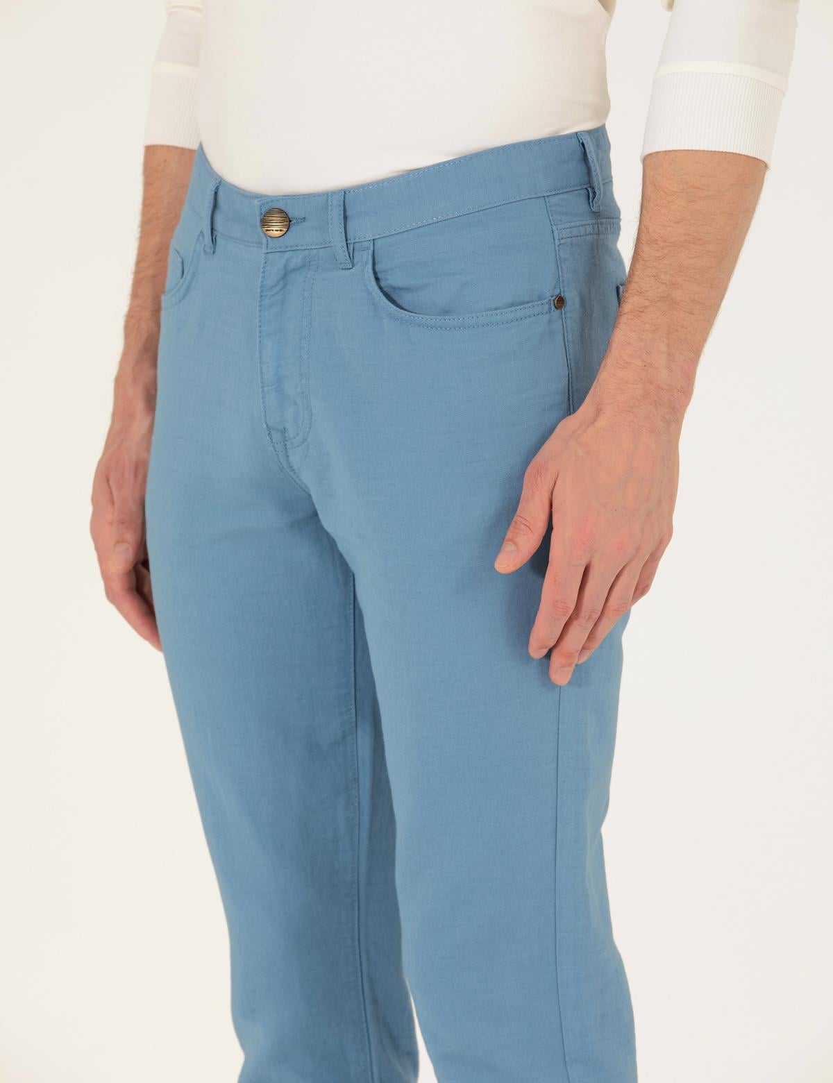 Koyu Mavi Slim Fit Keten Karışımlı Kanvas Pantolon - 50268095009