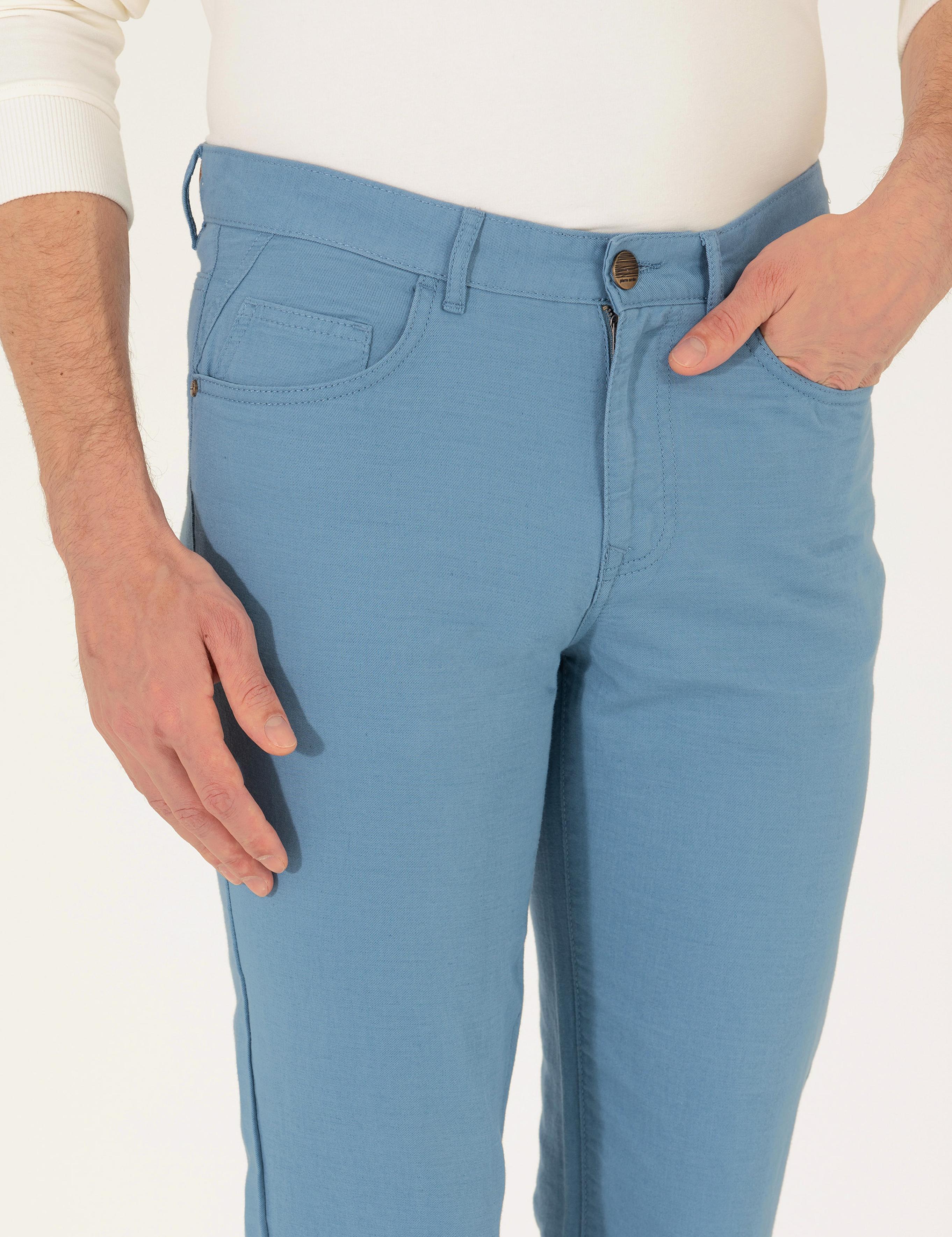 Koyu Mavi Slim Fit Keten Karışımlı Kanvas Pantolon