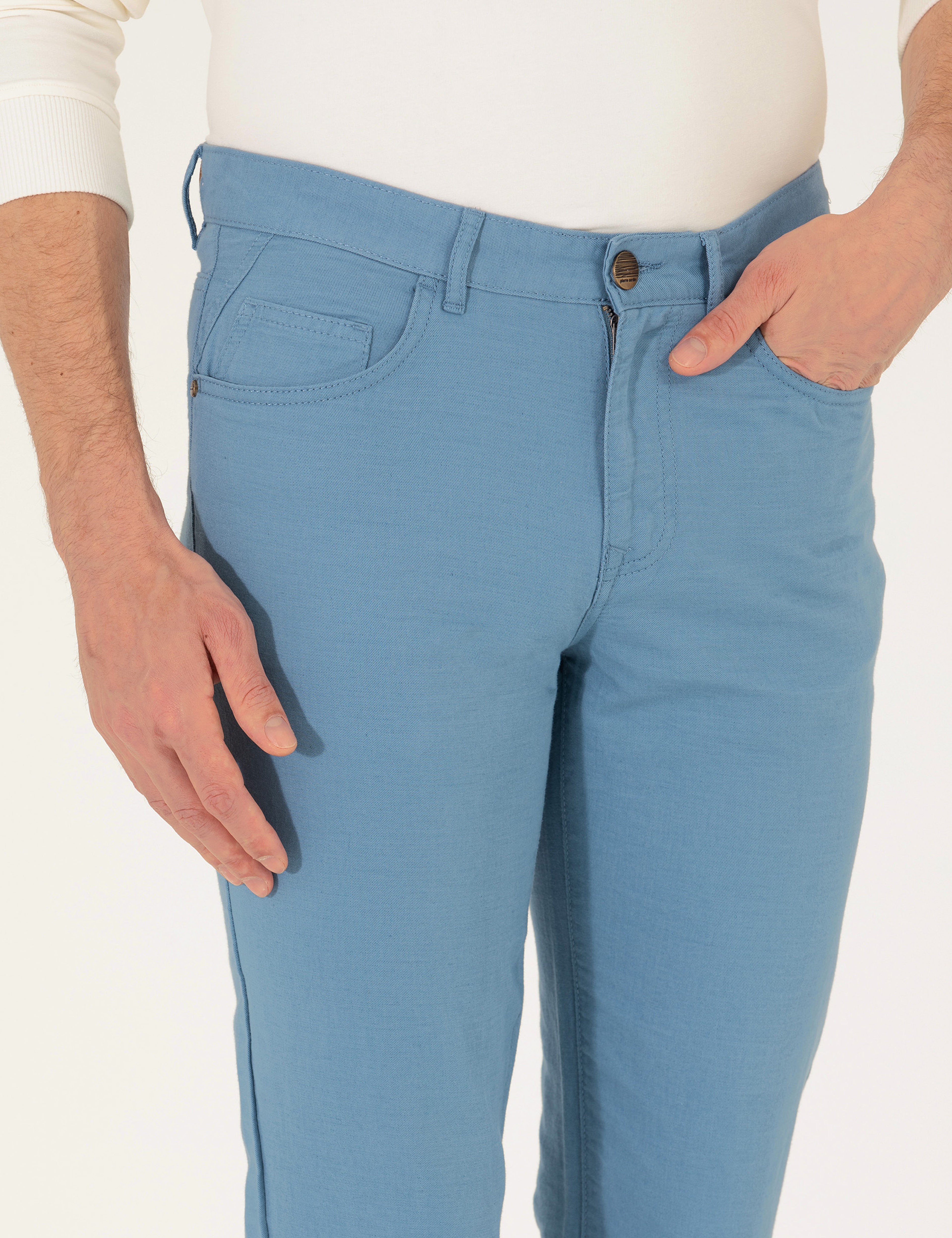 Koyu Mavi Slim Fit Keten Karışımlı Kanvas Pantolon