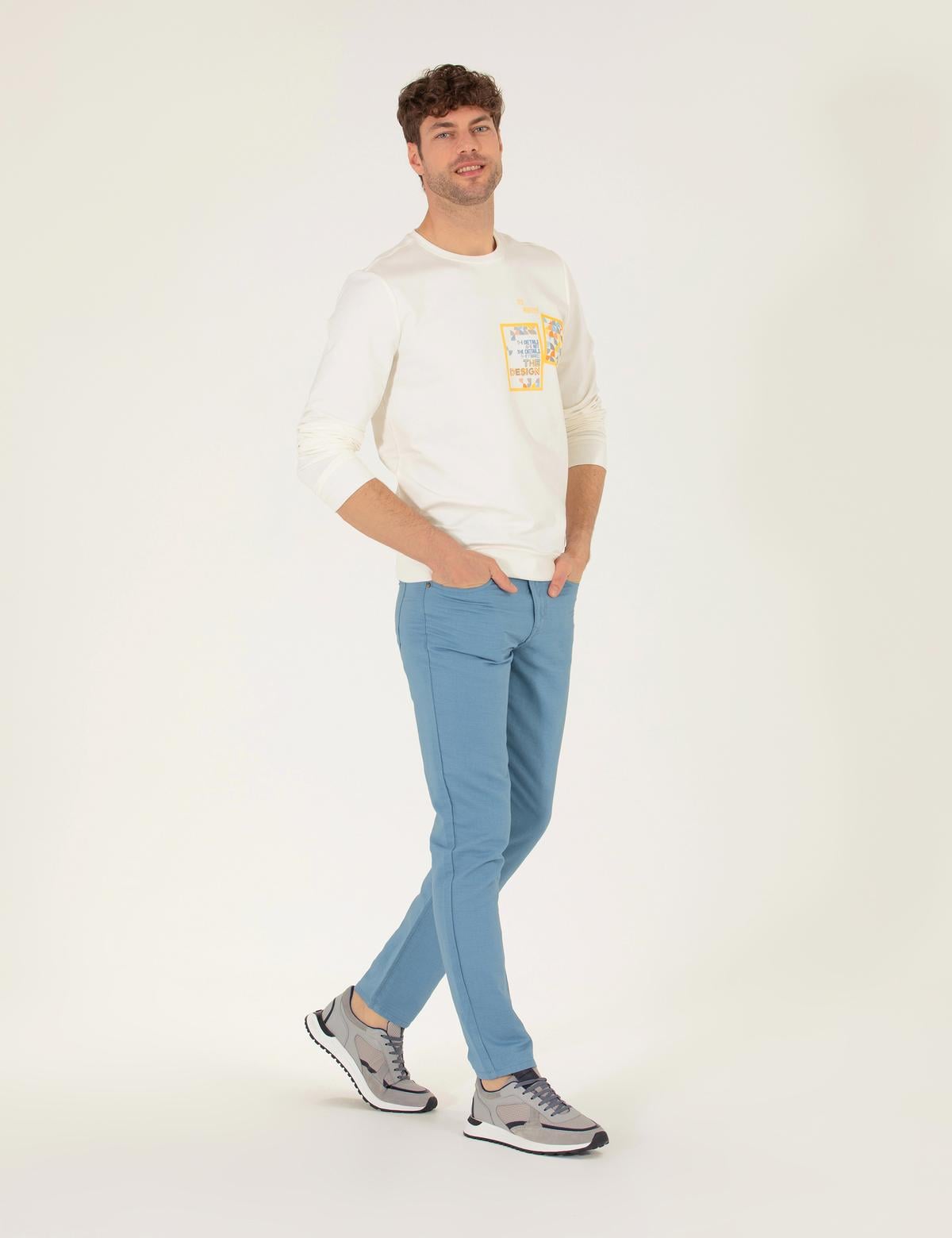 Koyu Mavi Slim Fit Keten Karışımlı Kanvas Pantolon - 50268095009