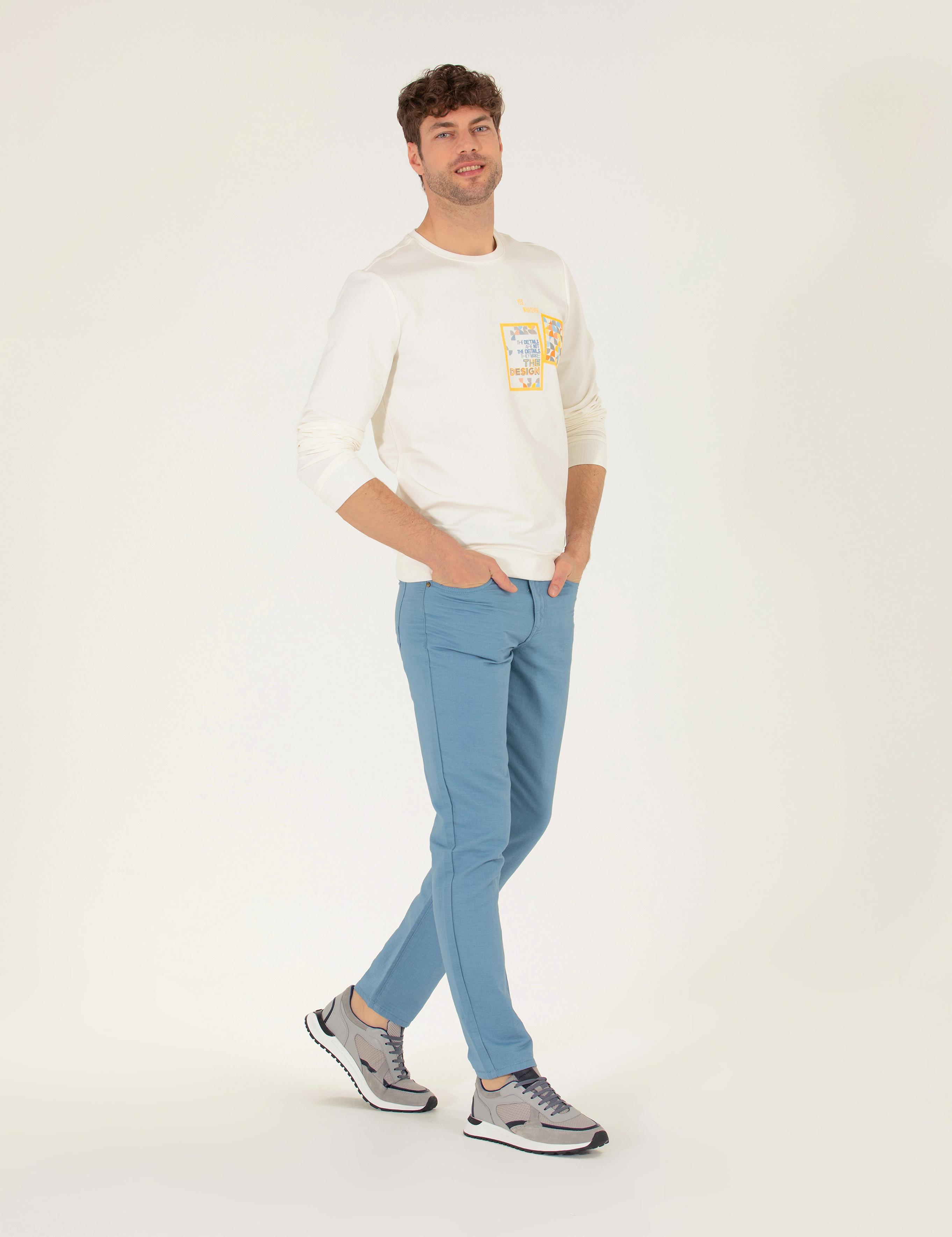 Koyu Mavi Slim Fit Keten Karışımlı Kanvas Pantolon