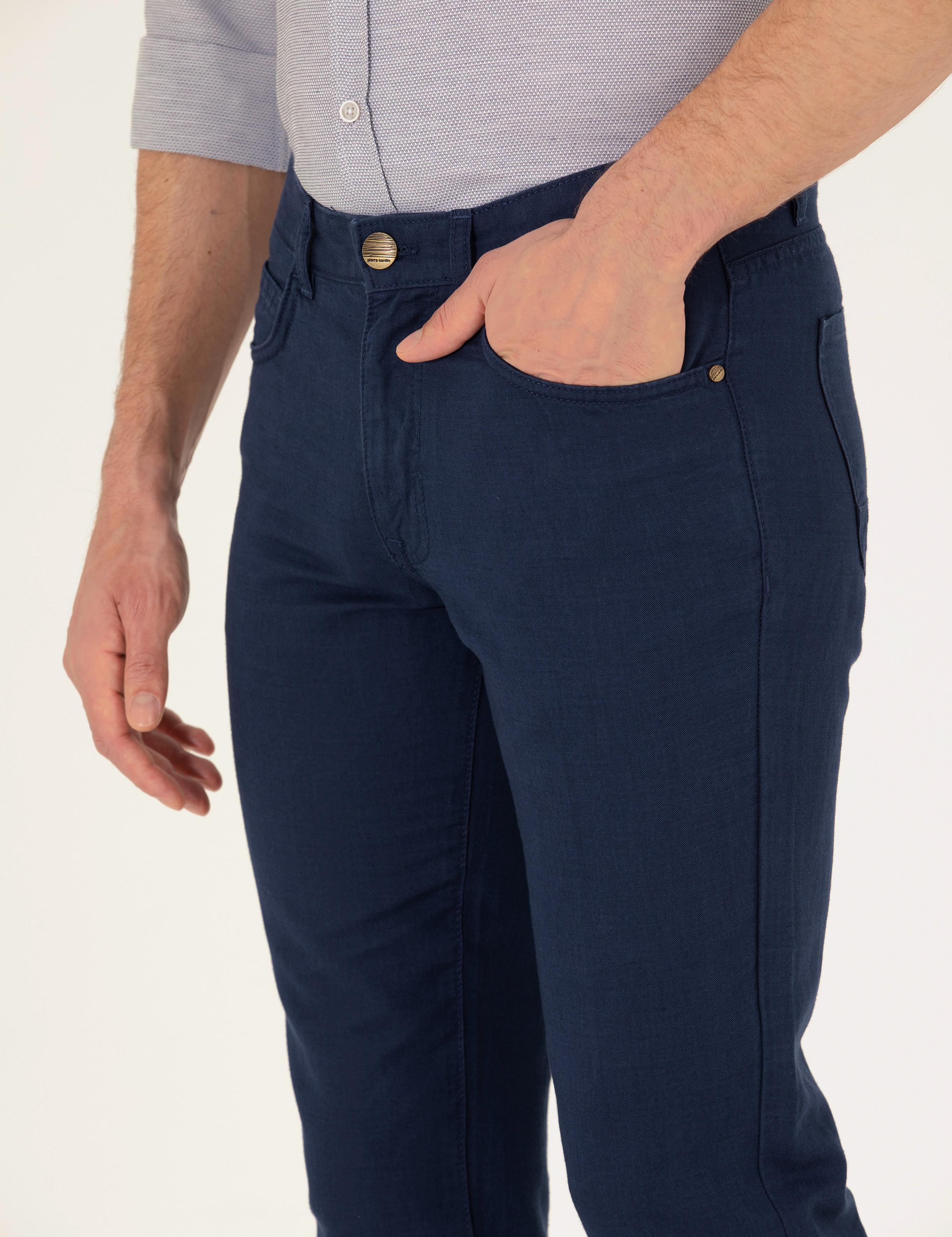 Lacivert Slim Fit Keten Karışımlı Kanvas Pantolon