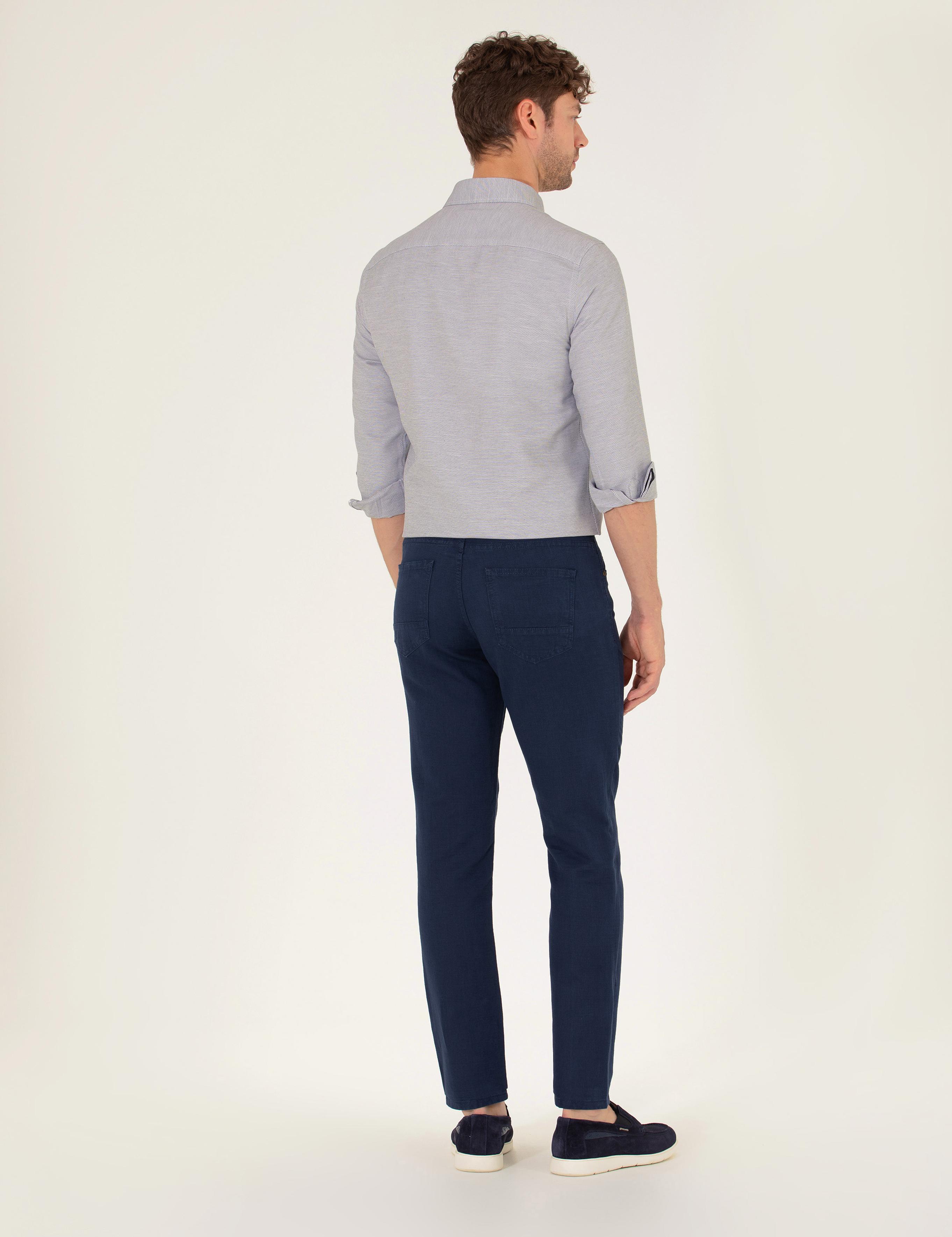 Lacivert Slim Fit Keten Karışımlı Kanvas Pantolon
