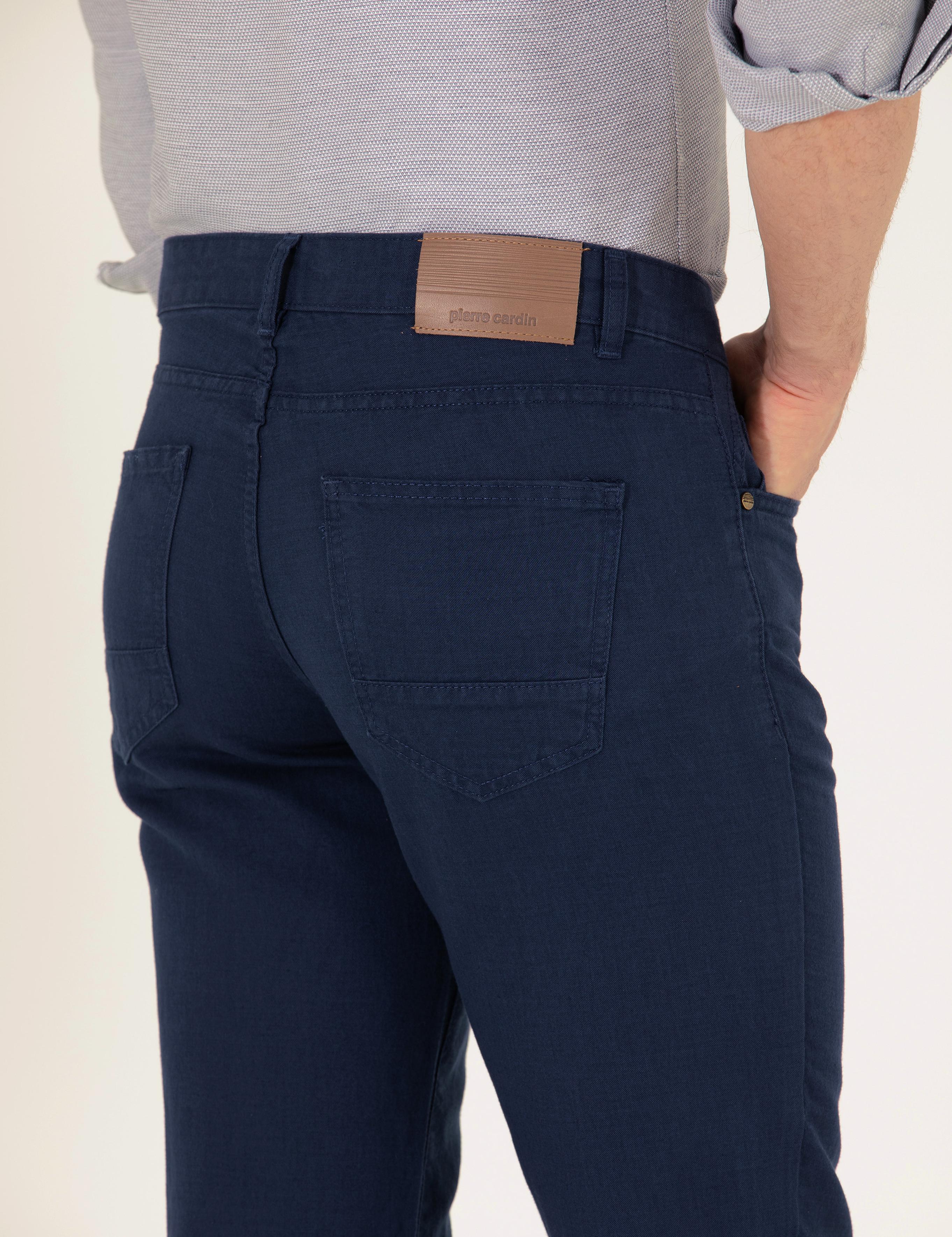 Lacivert Slim Fit Keten Karışımlı Kanvas Pantolon