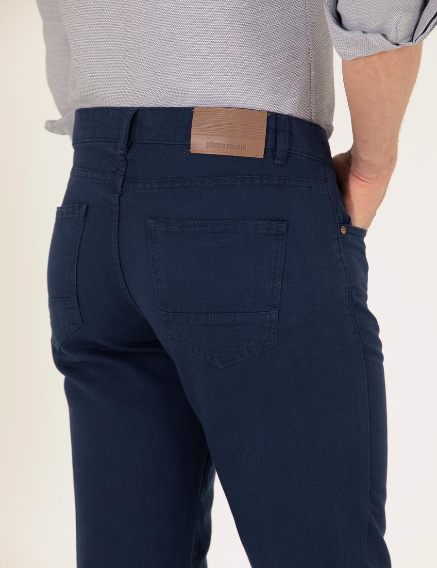 Lacivert Slim Fit Keten Karışımlı Kanvas Pantolon