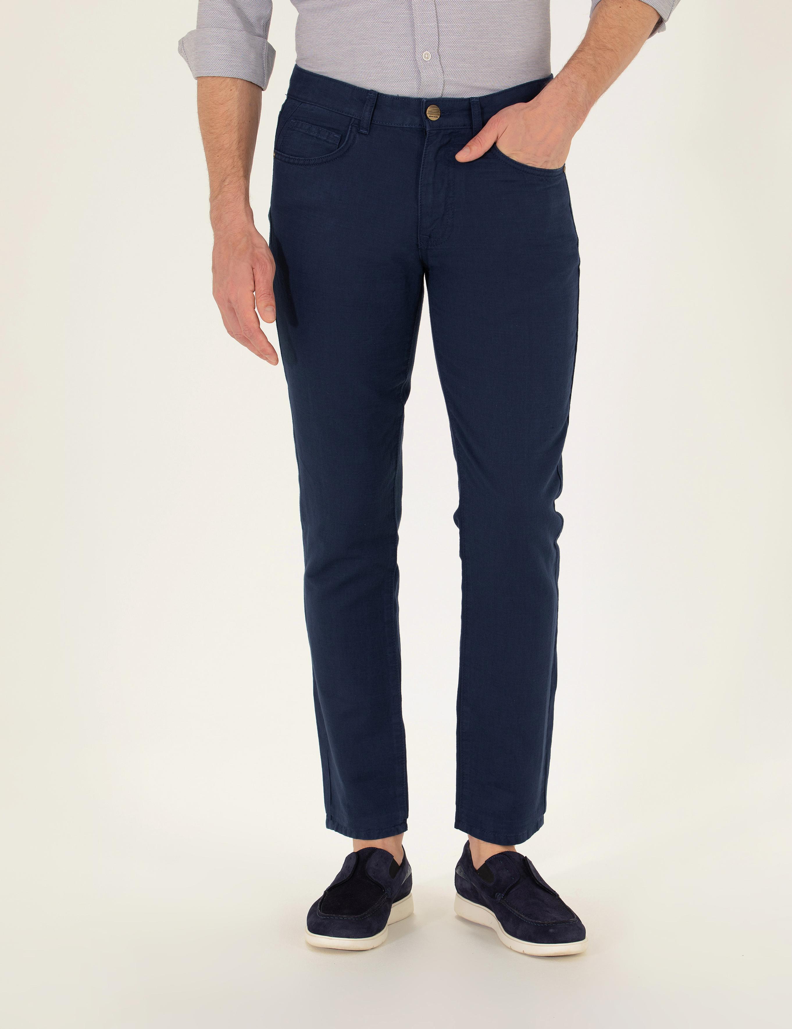 Lacivert Slim Fit Keten Karışımlı Kanvas Pantolon