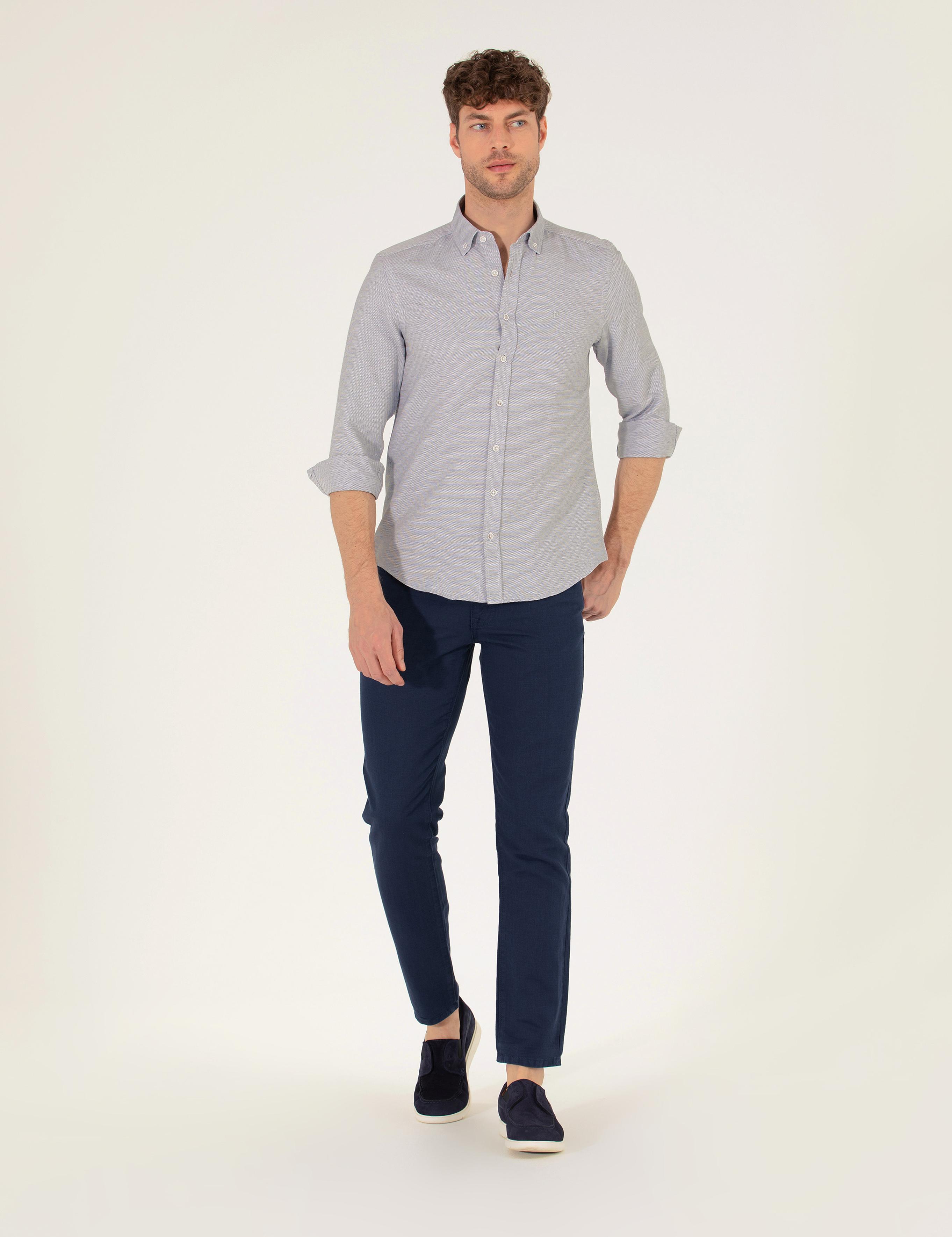 Lacivert Slim Fit Keten Karışımlı Kanvas Pantolon