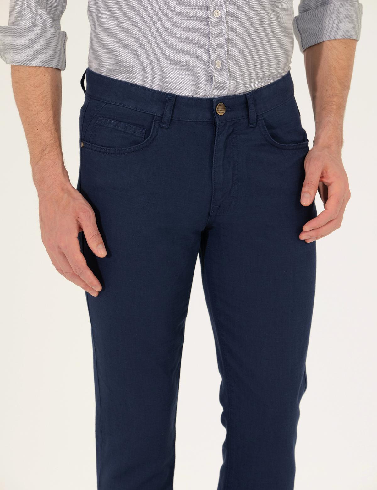 Lacivert Slim Fit Keten Karışımlı Kanvas Pantolon - 50268095064