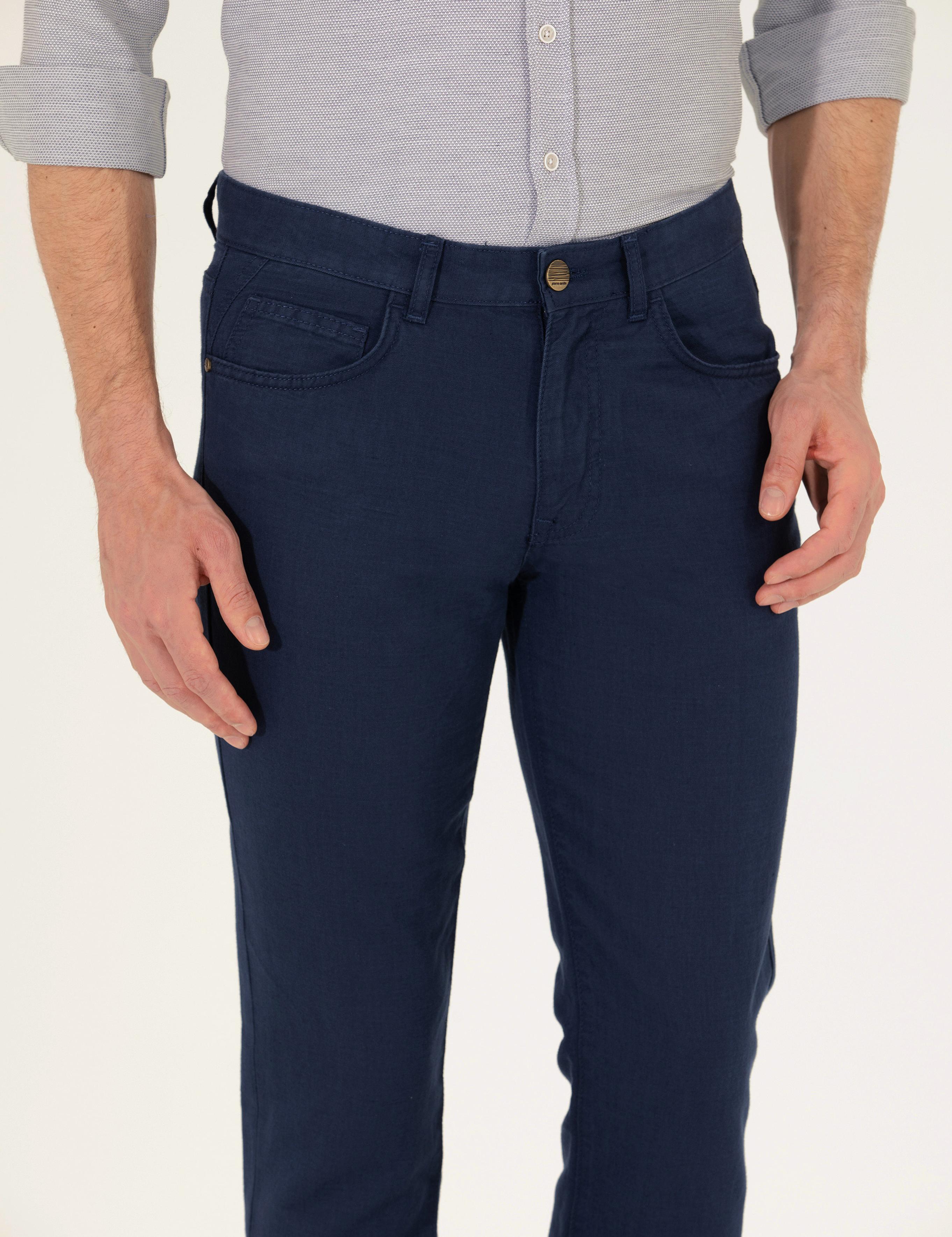 Lacivert Slim Fit Keten Karışımlı Kanvas Pantolon