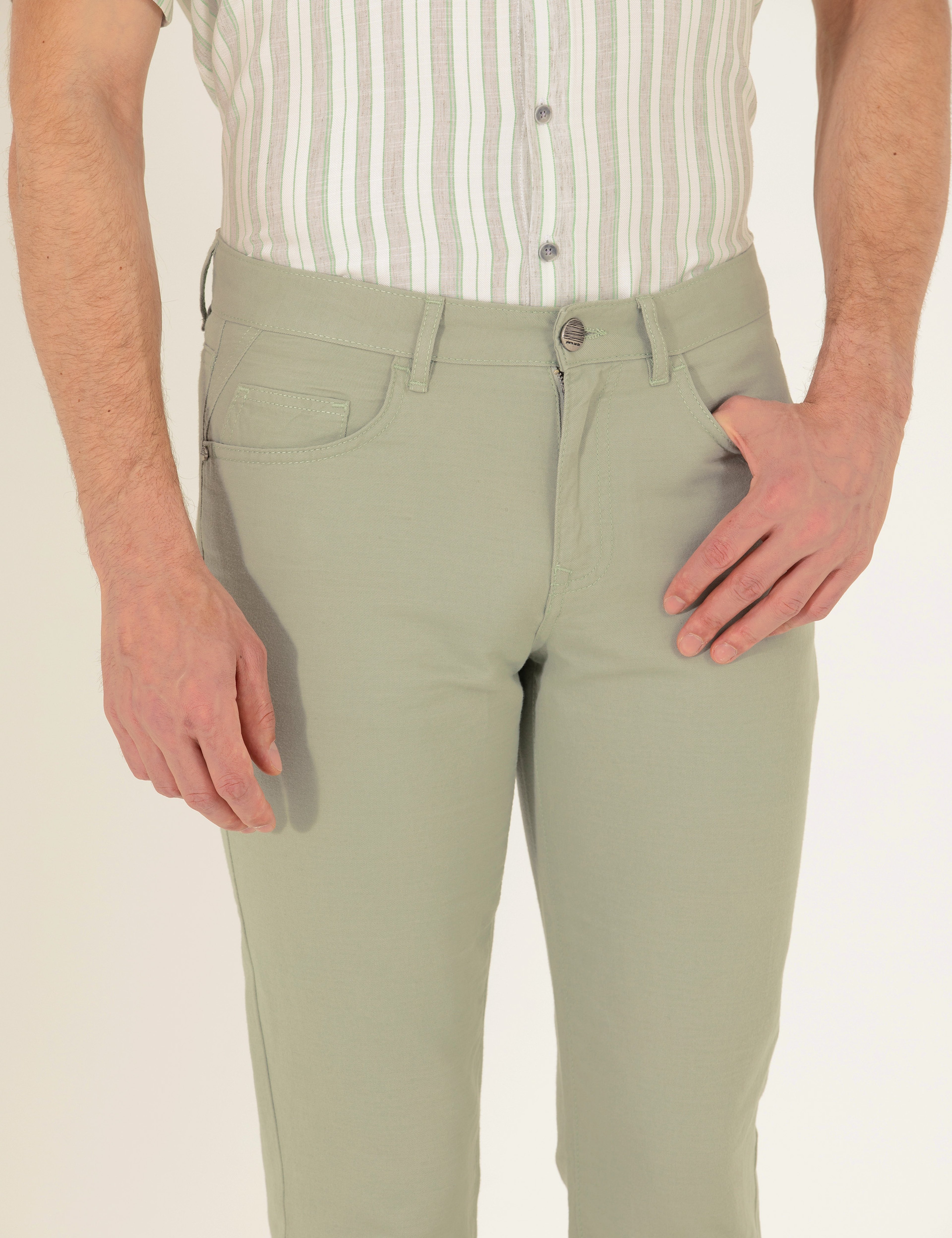 Açık Yeşil Slim Fit Keten Karışımlı Kanvas Pantolon - Image 5
