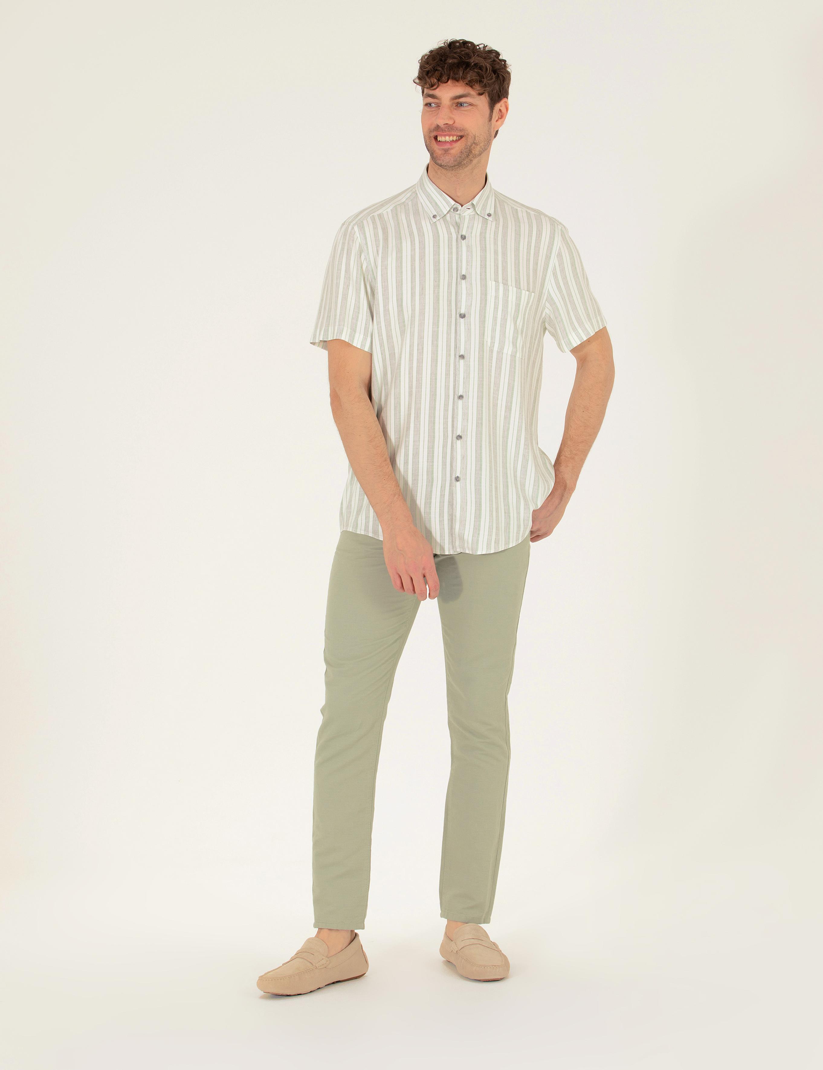 Açık Yeşil Slim Fit Keten Karışımlı Kanvas Pantolon