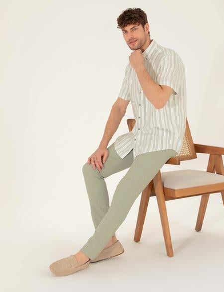 Açık Yeşil Slim Fit Keten Karışımlı Kanvas Pantolon - 50268095339