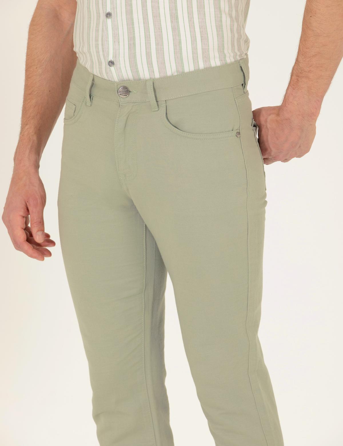 Açık Yeşil Slim Fit Keten Karışımlı Kanvas Pantolon - 50268095339