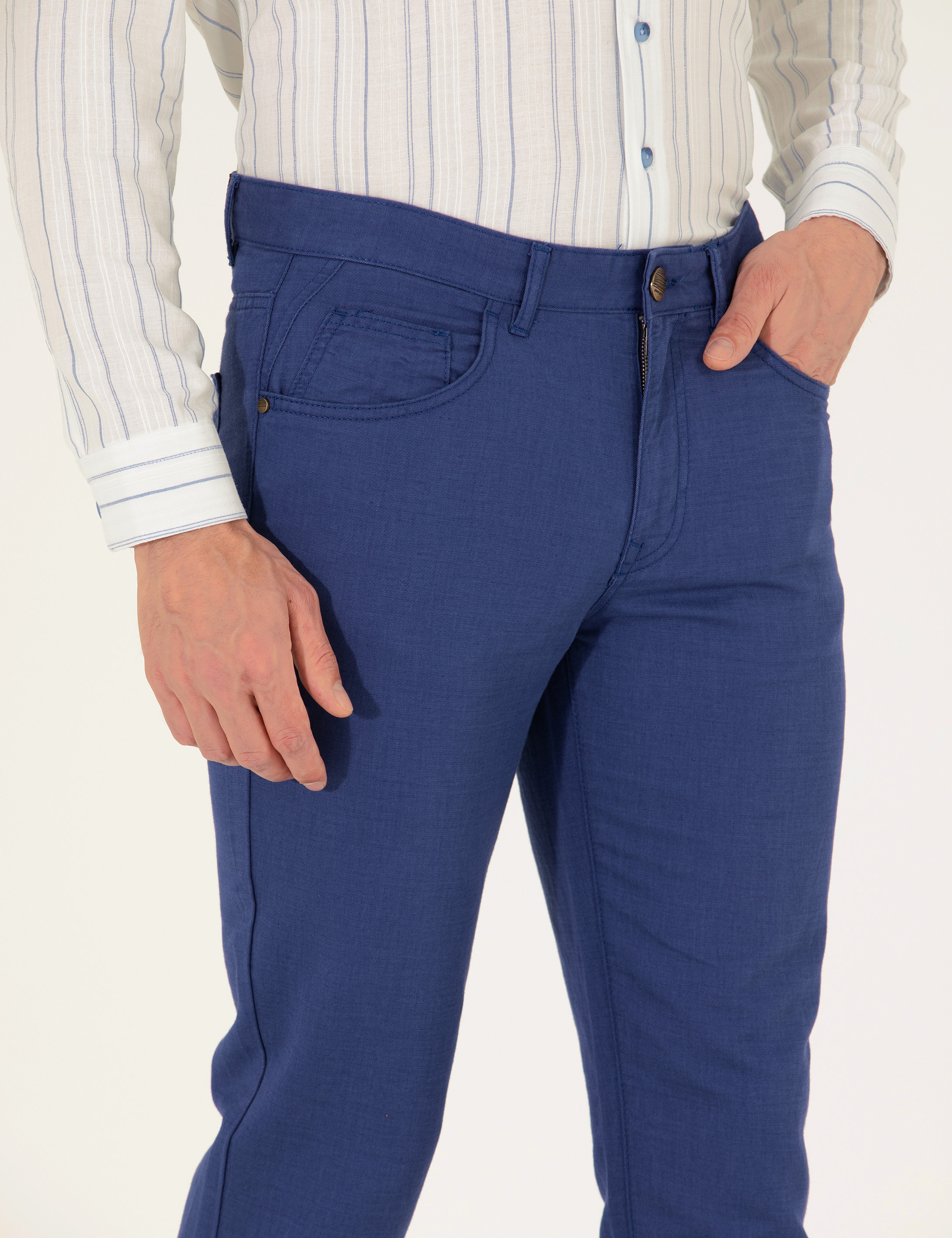 İndigo Slim Fit Keten Karışımlı Kanvas Pantolon - Image 5