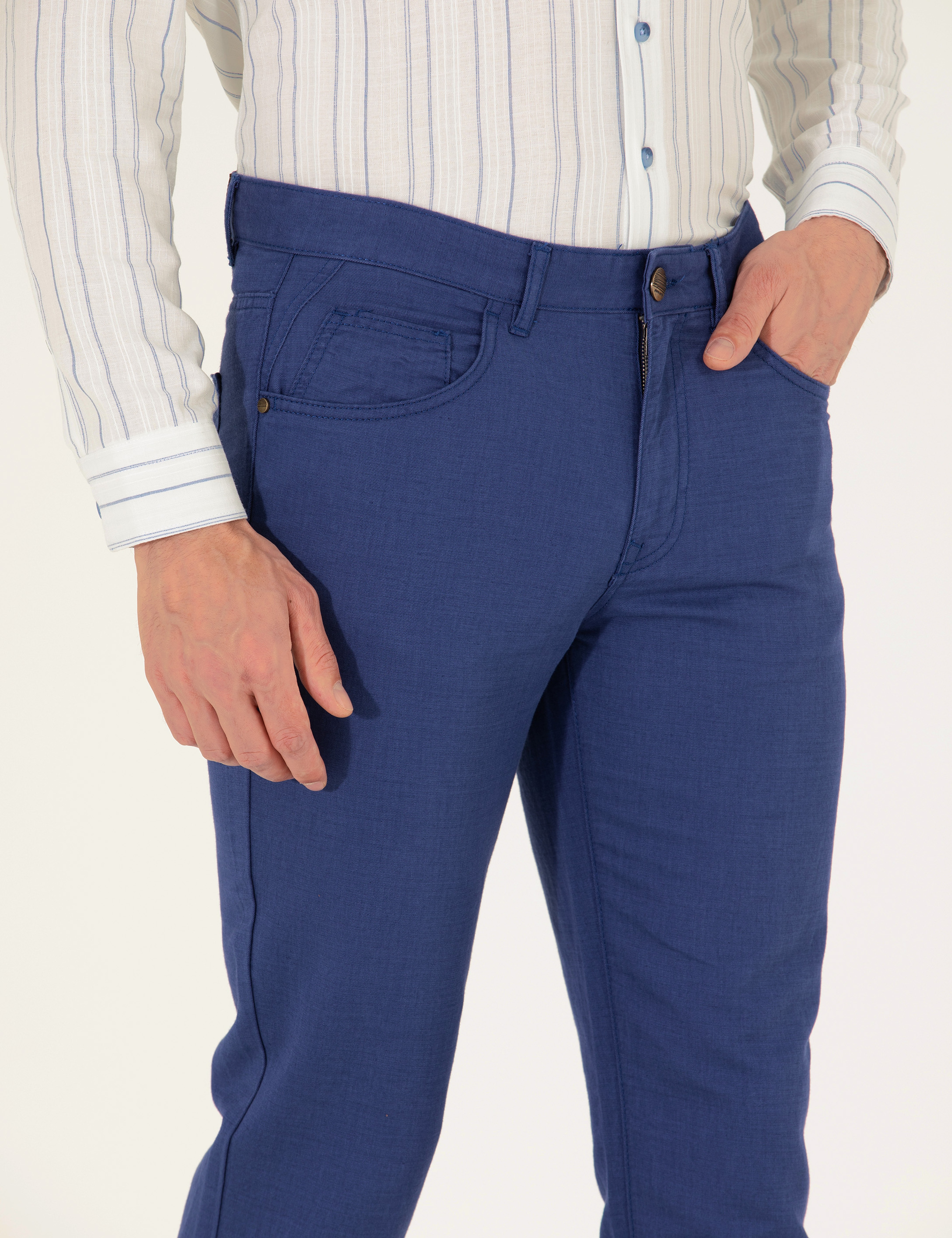İndigo Slim Fit Keten Karışımlı Kanvas Pantolon