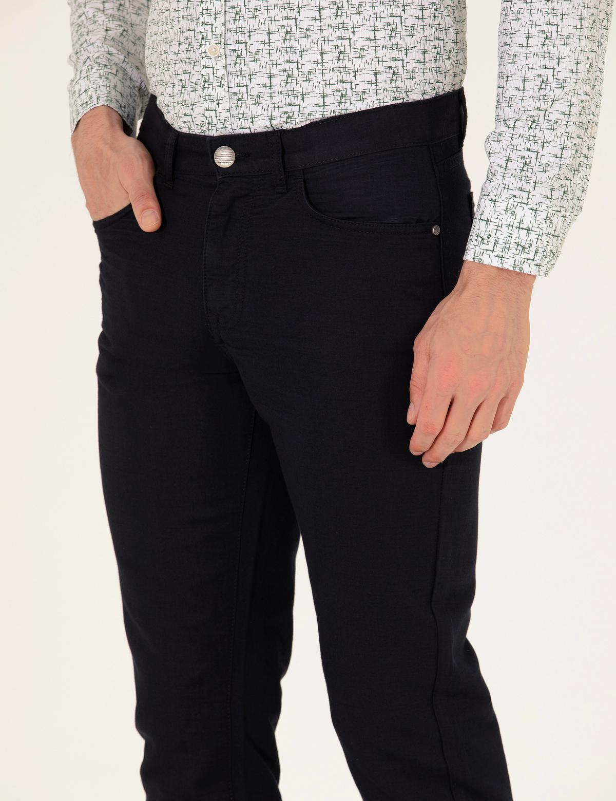 Siyah Slim Fit Keten Karışımlı Kanvas Pantolon - 50268095519