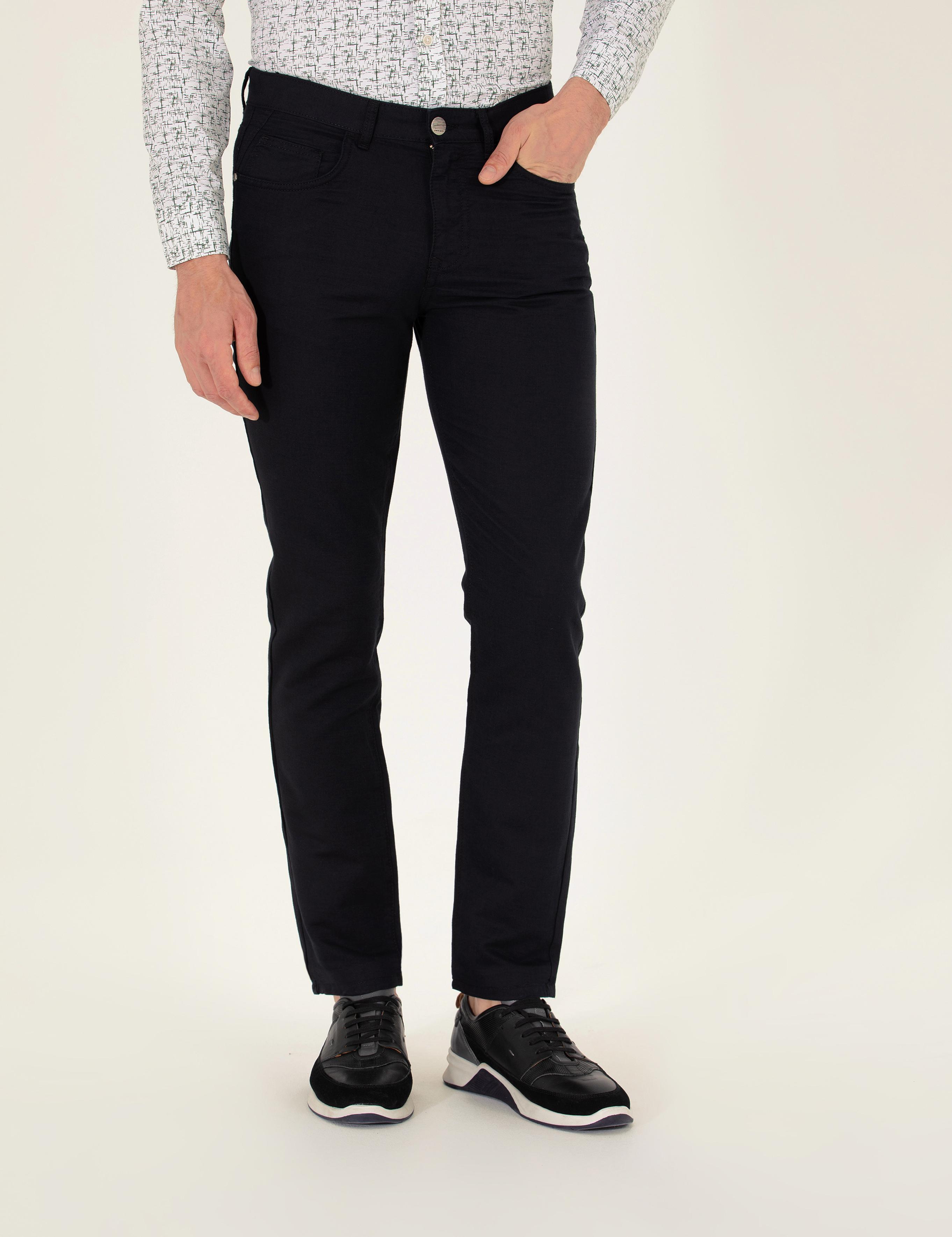 Siyah Slim Fit Keten Karışımlı Kanvas Pantolon