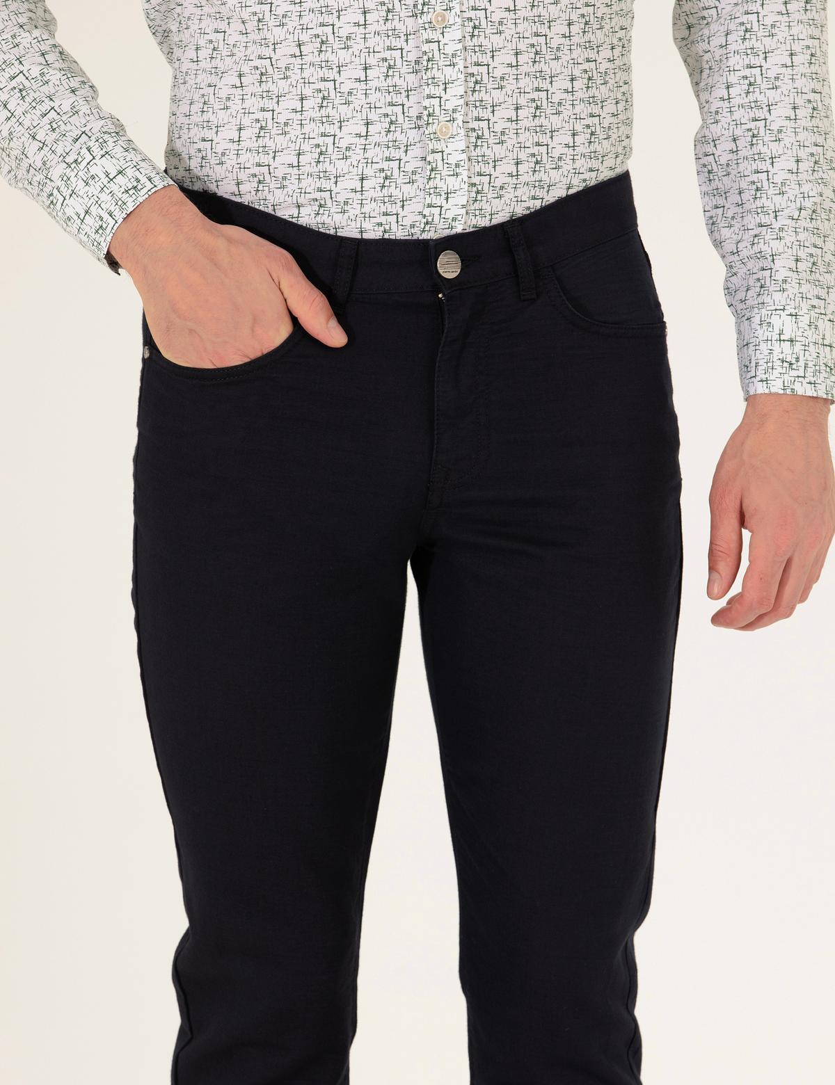 Siyah Slim Fit Keten Karışımlı Kanvas Pantolon - 50268095519