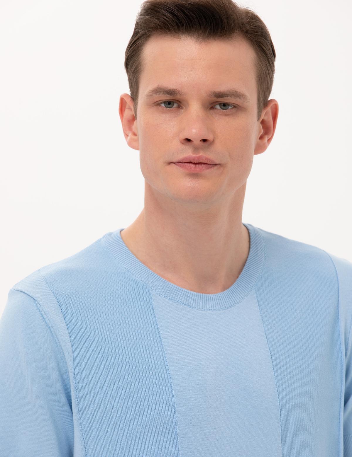 Açık Mavi Slim Fit Bisiklet Yaka Triko Tişört - 50268283038