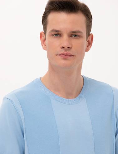 Açık Mavi Slim Fit Bisiklet Yaka Triko Tişört