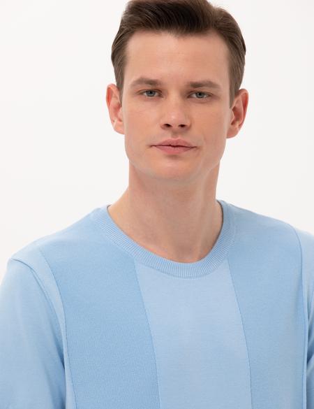 Açık Mavi Slim Fit Bisiklet Yaka Triko Tişört - 50268283038