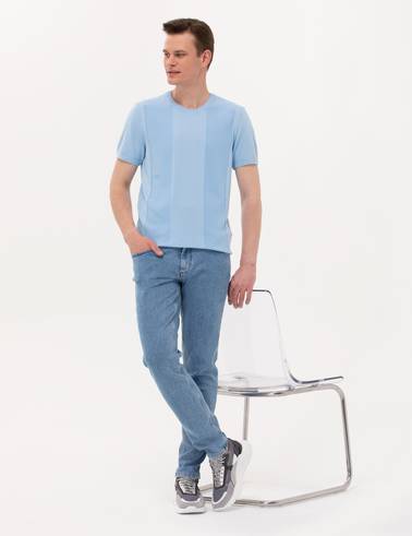 Açık Mavi Slim Fit Bisiklet Yaka Triko Tişört