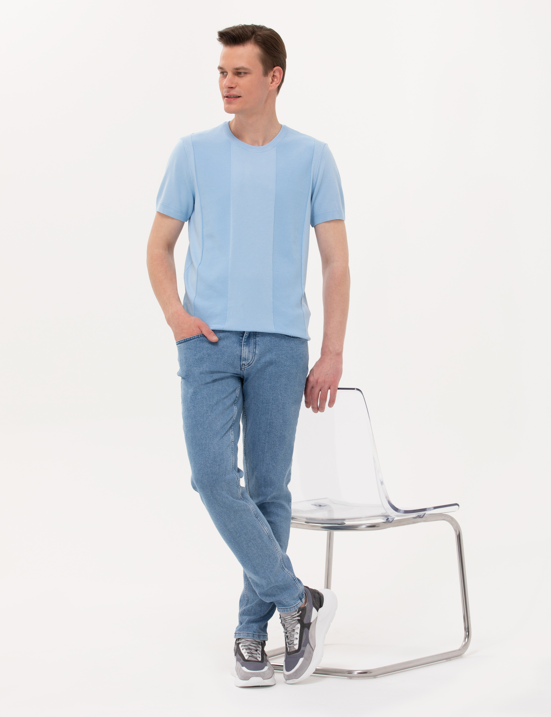 Açık Mavi Slim Fit Bisiklet Yaka Triko Tişört - Image 1